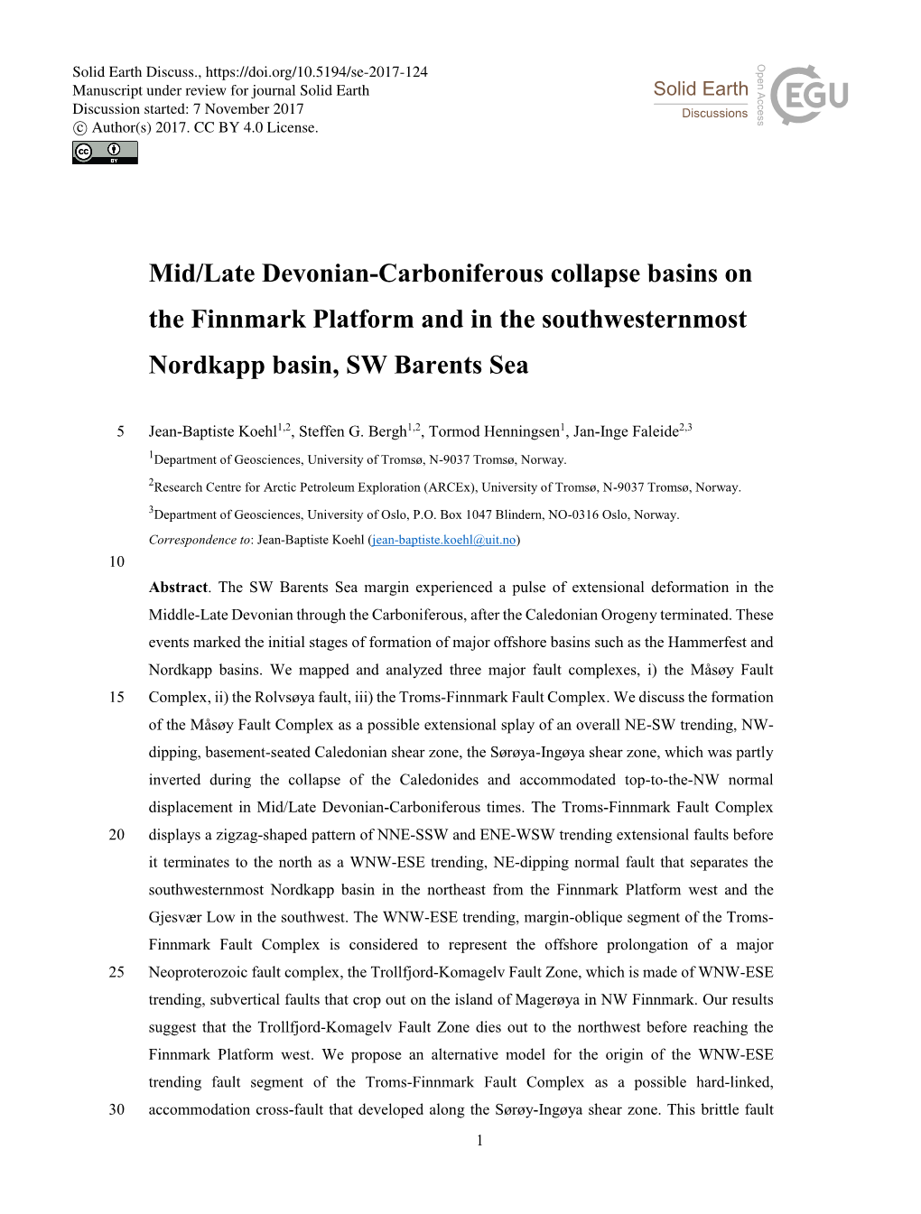 Mid/Late Devonian-Carboniferous Collapse Basins on the Finnmark Platform and in the Southwesternmost Nordkapp Basin, SW Barents Sea