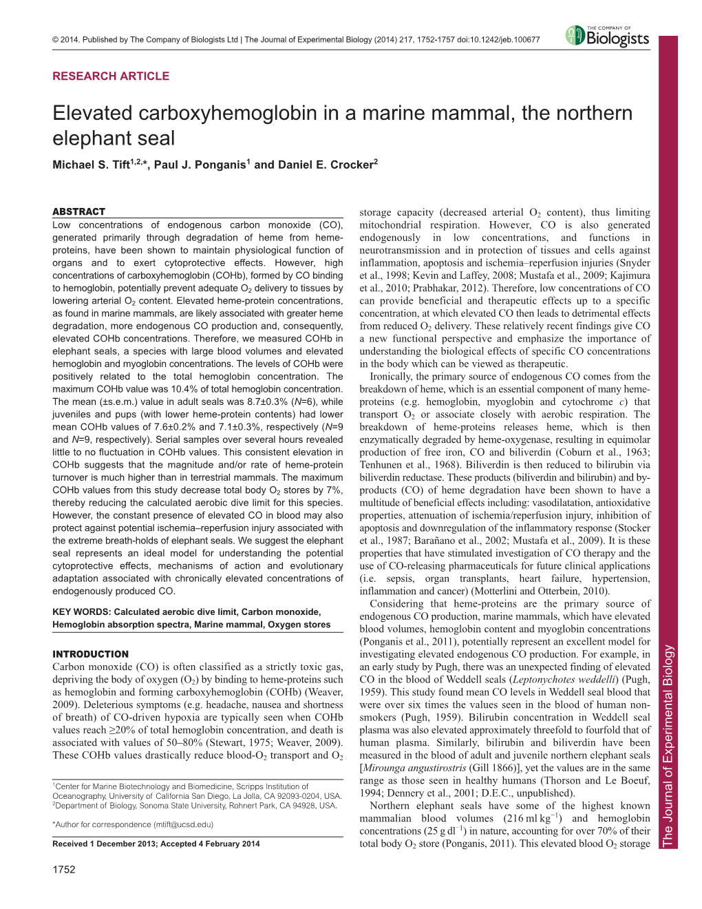 Elevated Carboxyhemoglobin in a Marine Mammal, the Northern