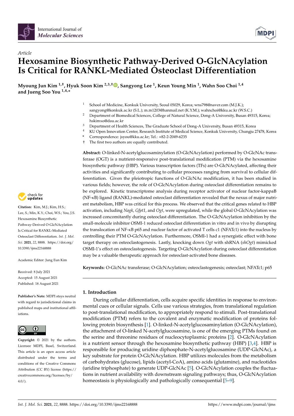 Hexosamine Biosynthetic Pathway-Derived O-Glcnacylation Is Critical for RANKL-Mediated Osteoclast Differentiation