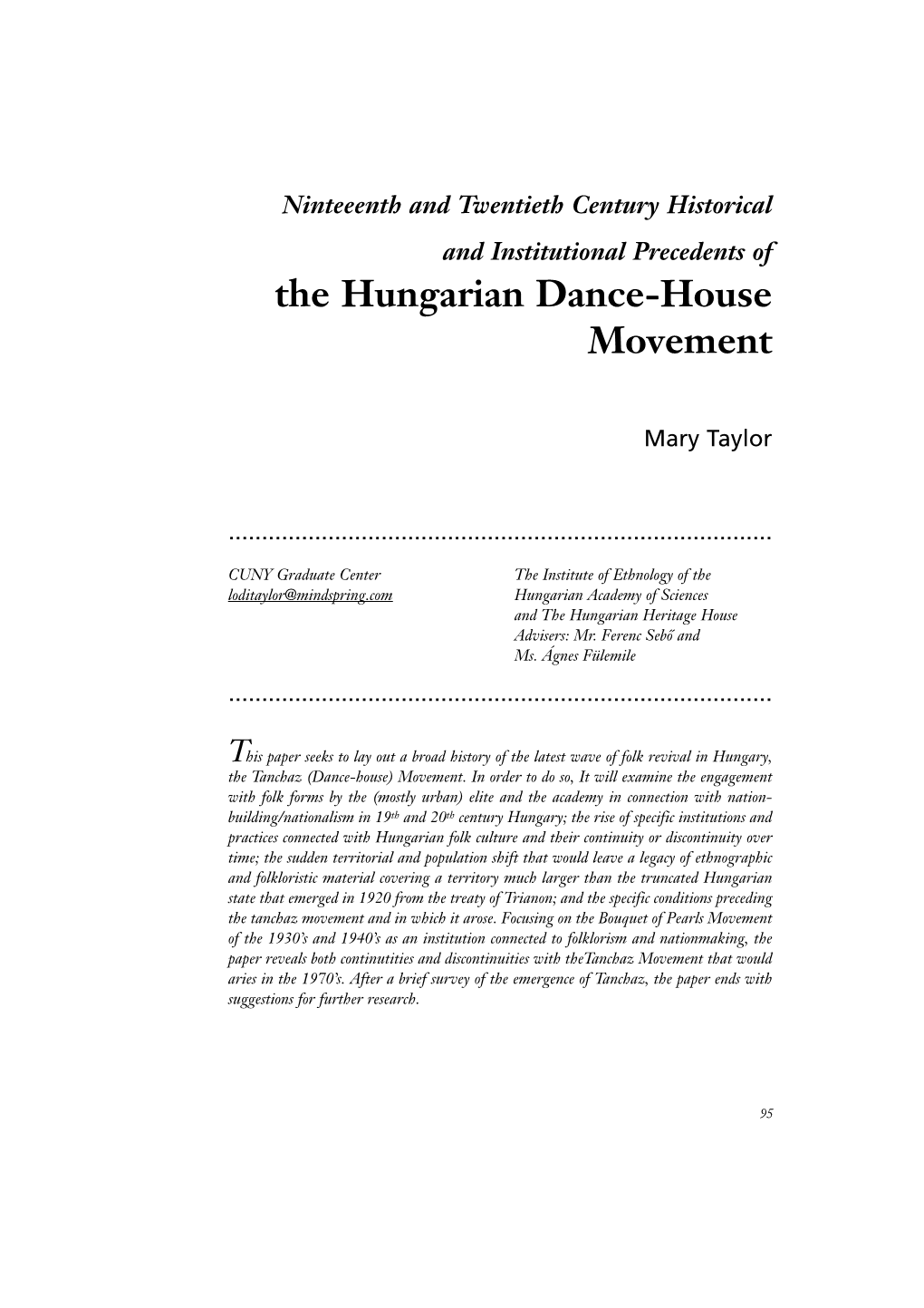 Mary Taylor: the Hungarian Dance-House Movement