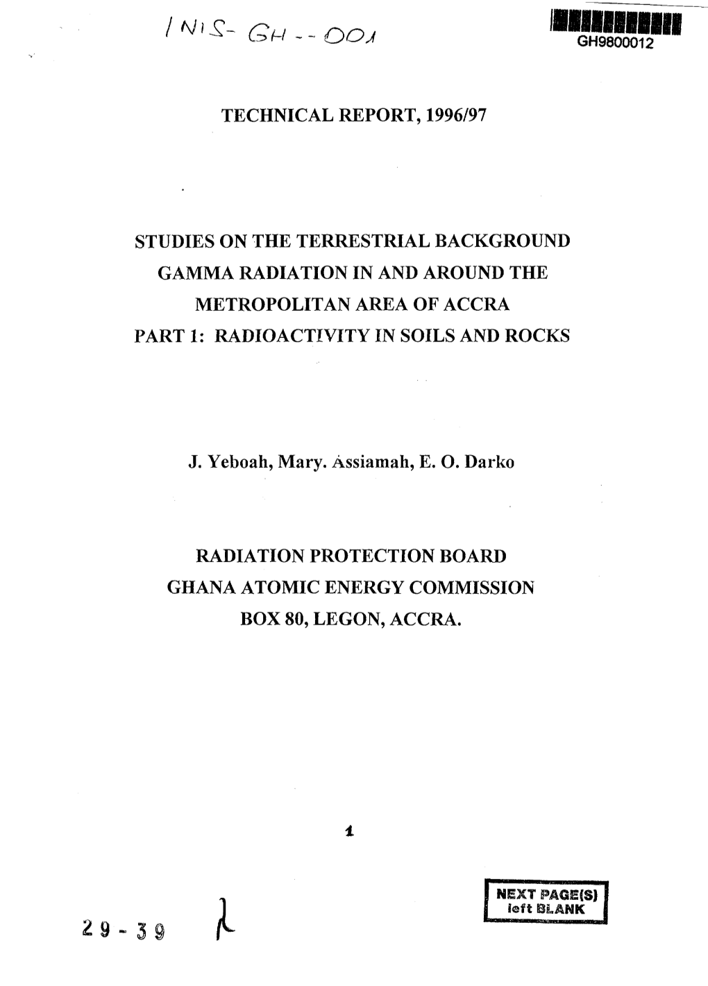 Studies on the Terrestrial Background Gamma Radiation in and Around the Metropolitan Area of Accra Part 1: Radioactivity in Soils and Rocks