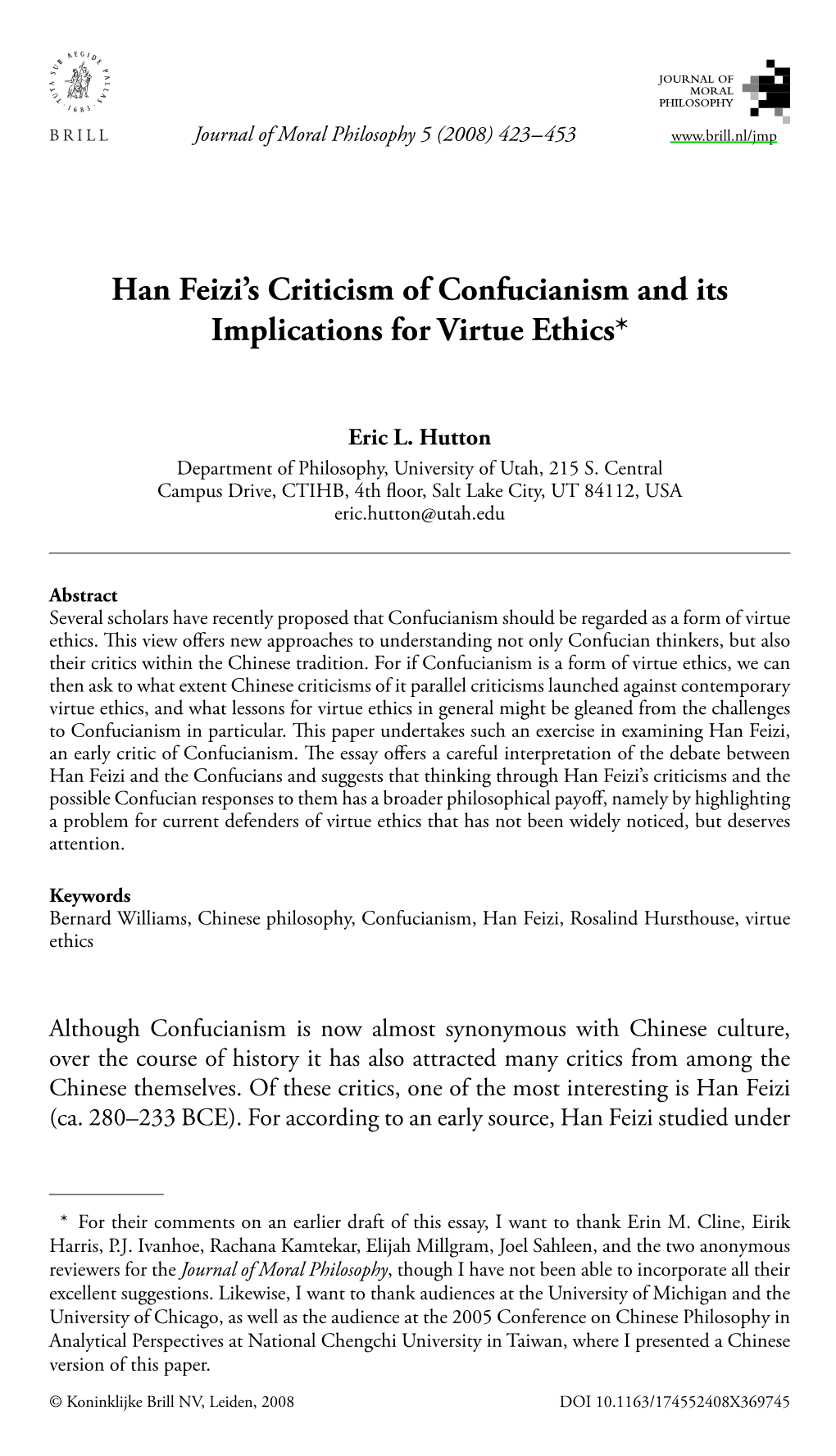 Han Feizi's Criticism of Confucianism and Its Implications for Virtue Ethics