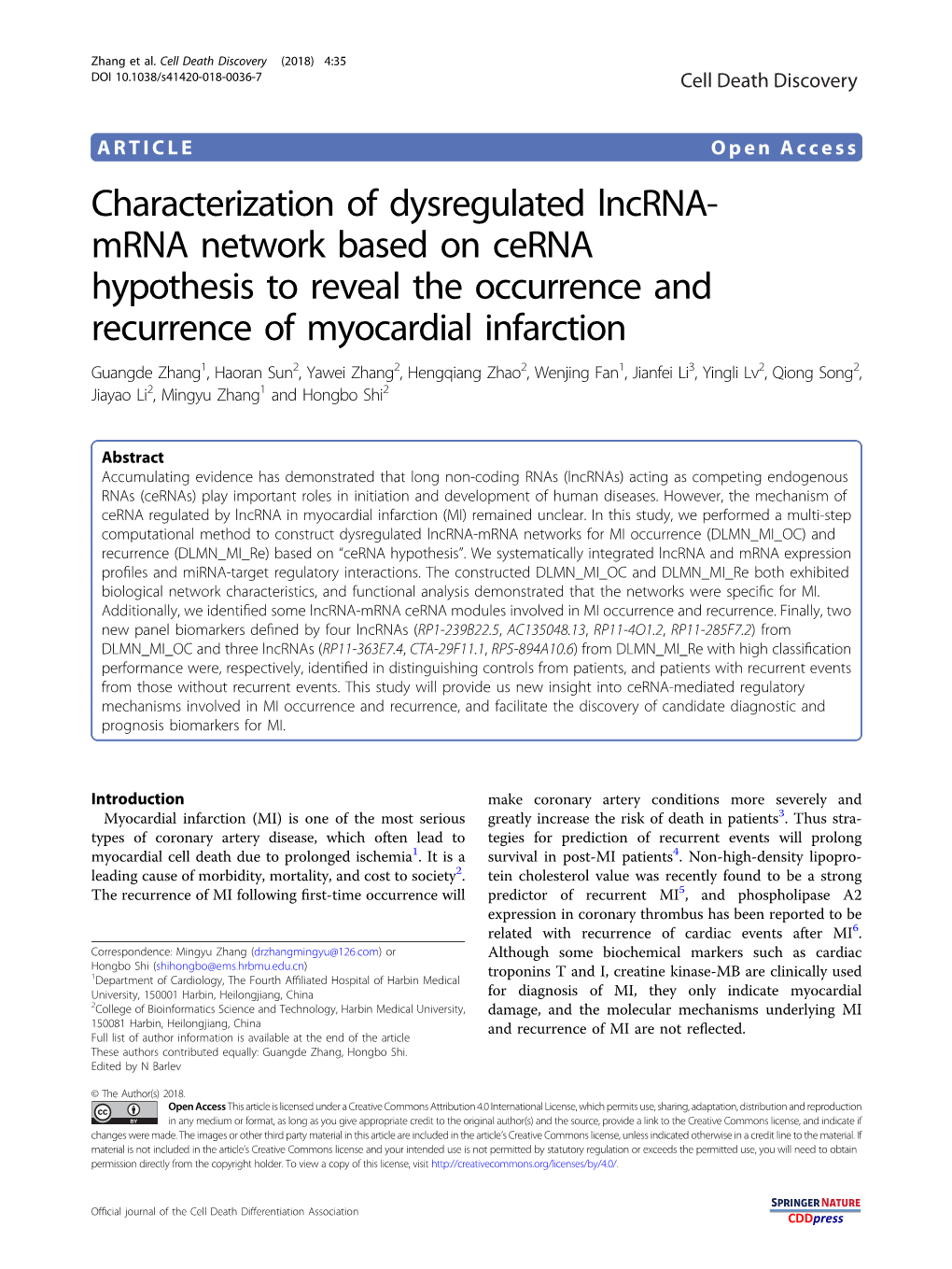 Characterization of Dysregulated Lncrna-Mrna Network Based on Cerna Hypothesis to Reveal the Occurrence and Recurrence of Myocar