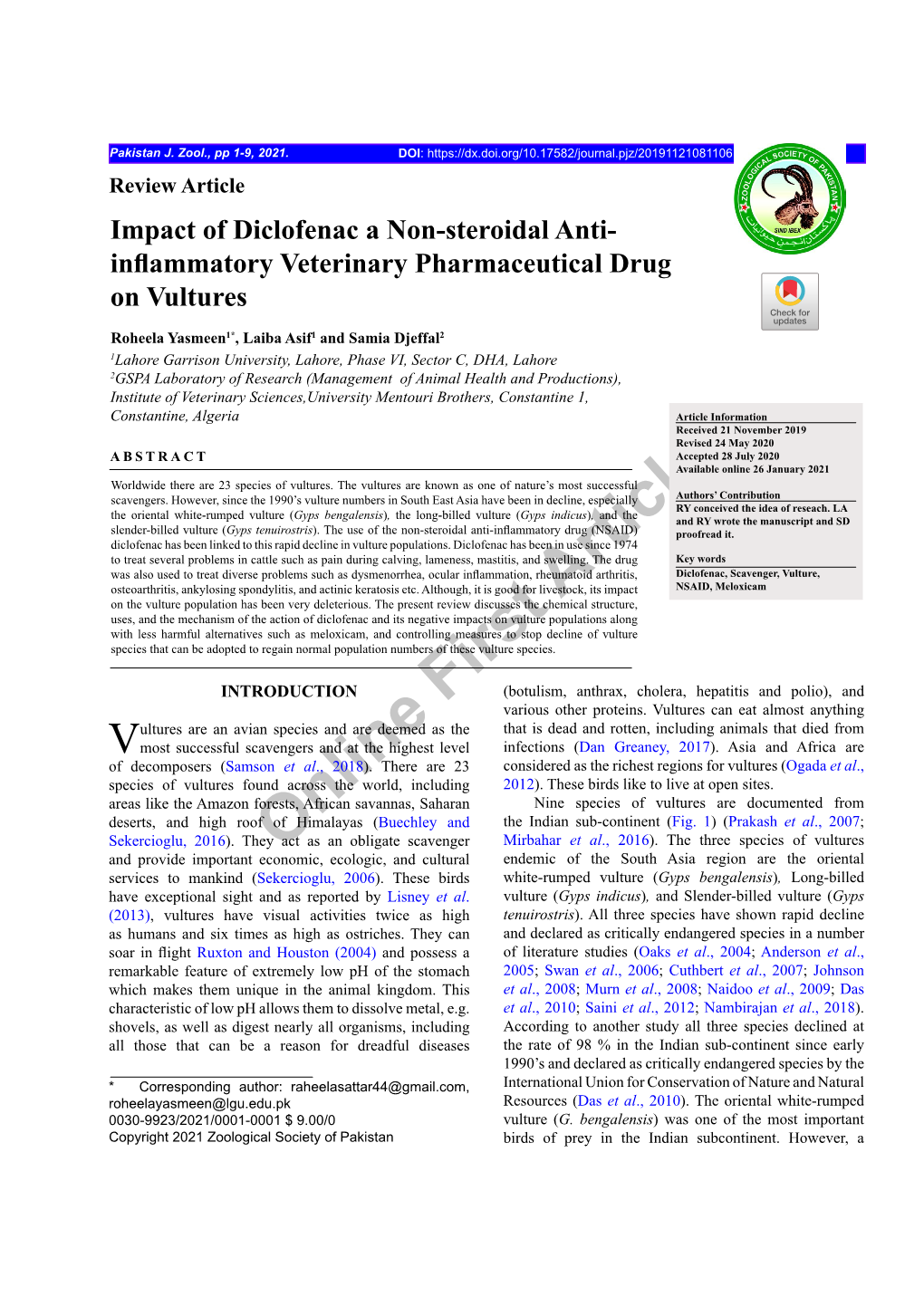 Impact of Diclofenac a Non-Steroidal Anti- Inflammatory Veterinary Pharmaceutical Drug on Vultures