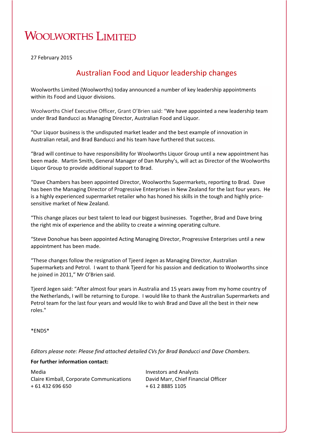 Australian Food and Liquor Leadership Changes