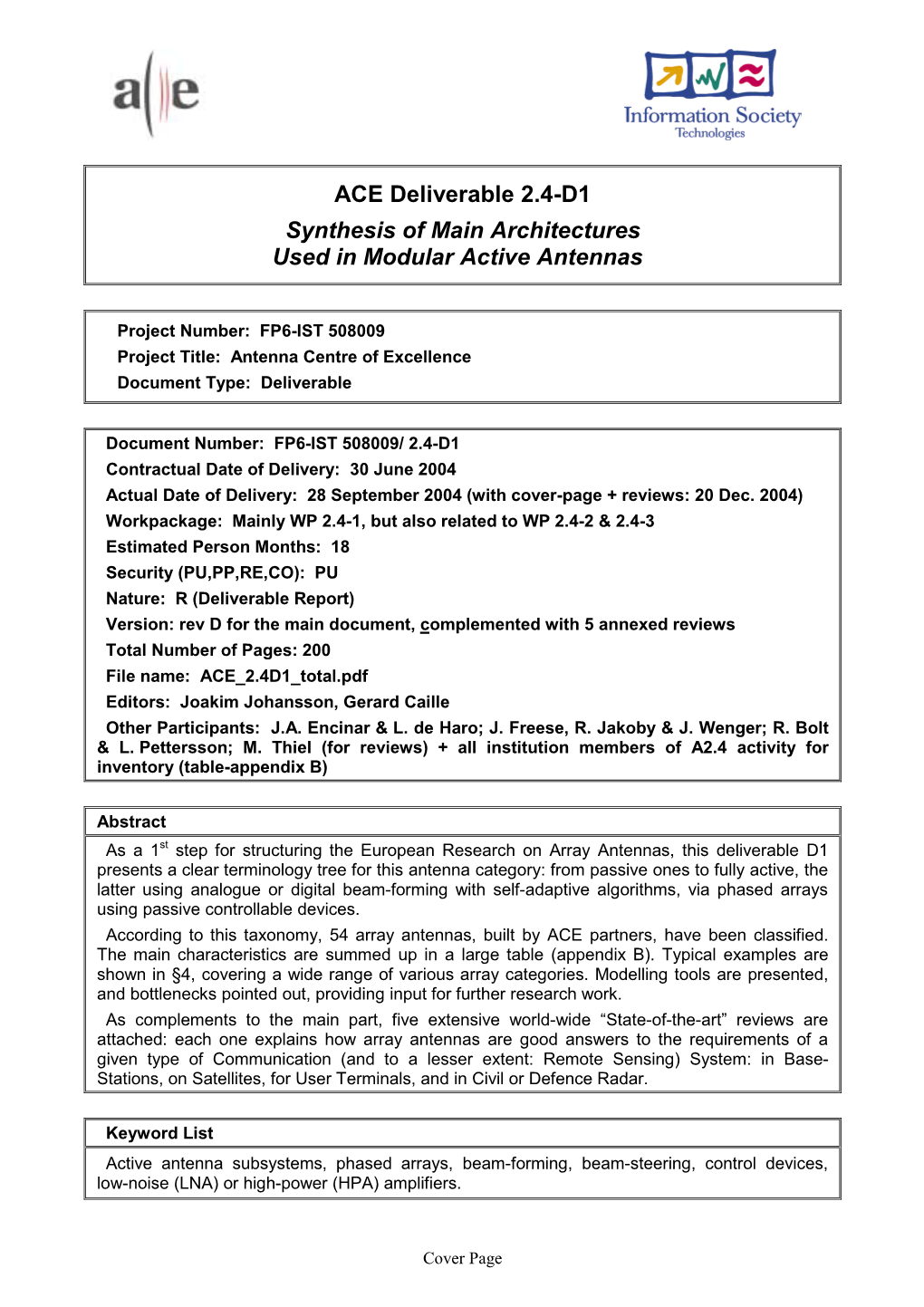 ACE Deliverable 2.4-D1 Synthesis of Main Architectures Used in Modular Active Antennas