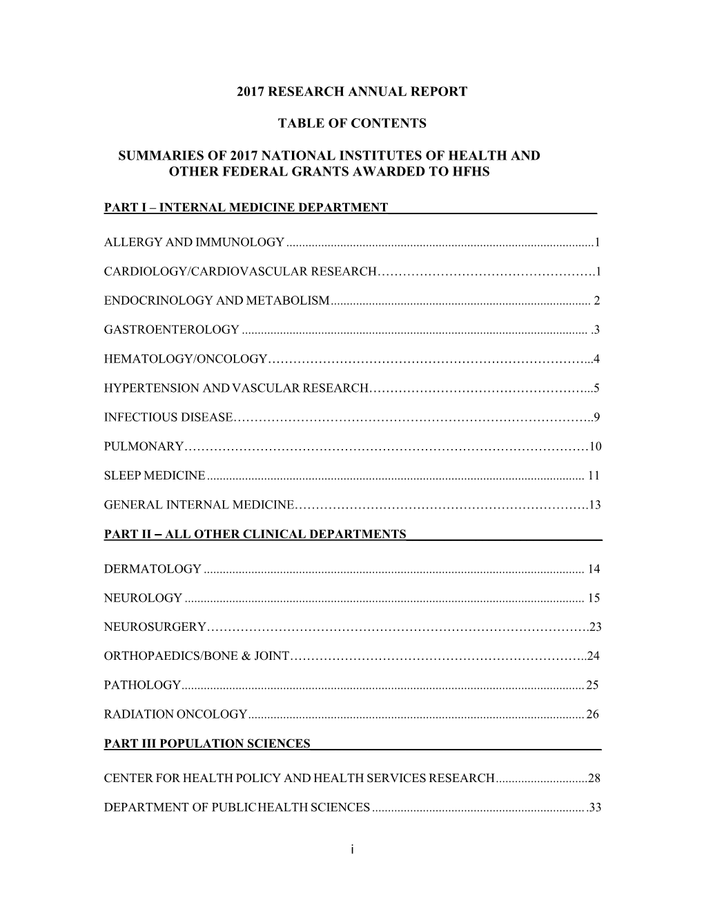 2017 Research Annual Report Table of Contents Summaries of 2017