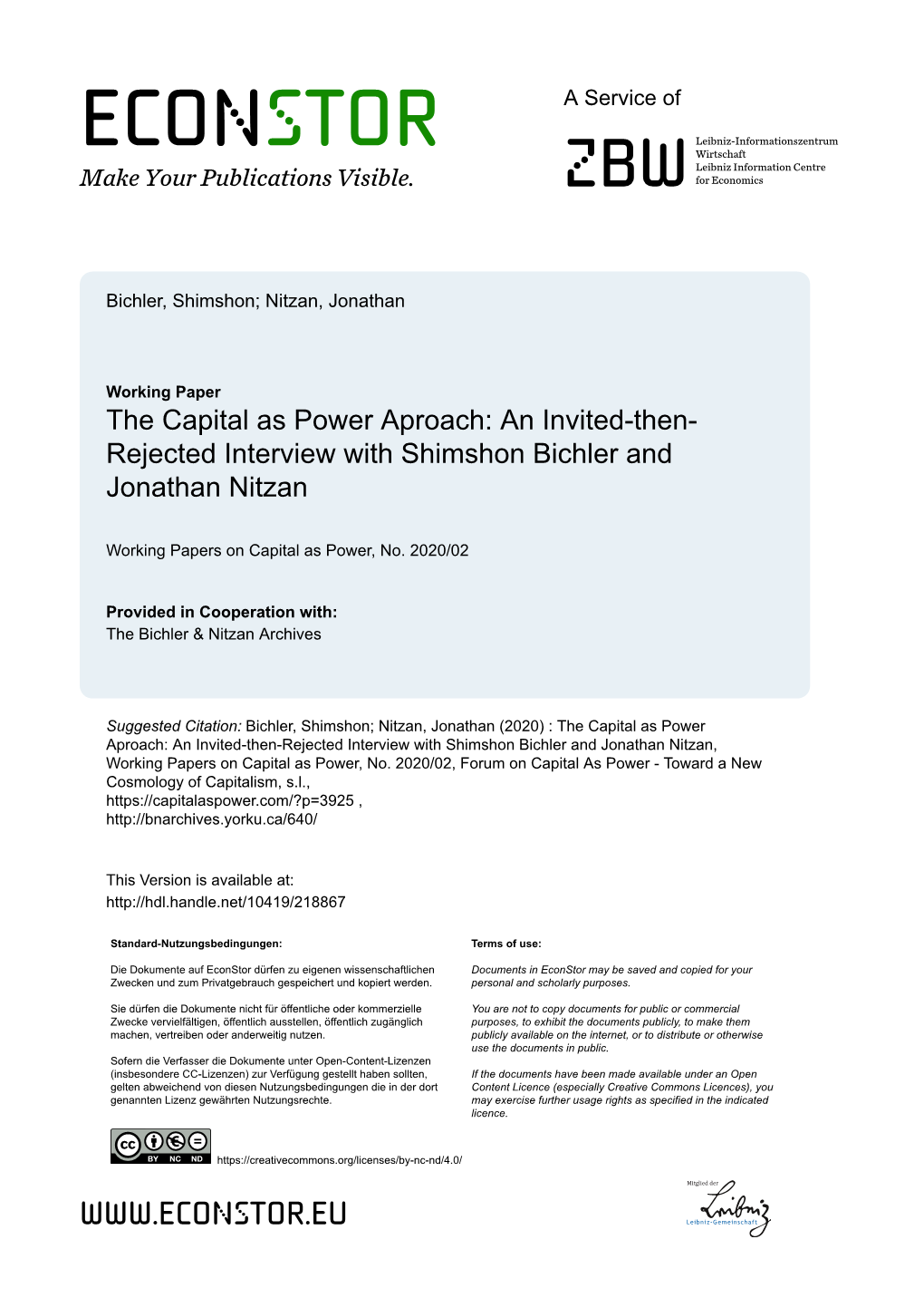 An Invited-Then-Rejected Interview with Shimshon Bichler and Jonathan Nitzan, Working Papers on Capital As Power, No