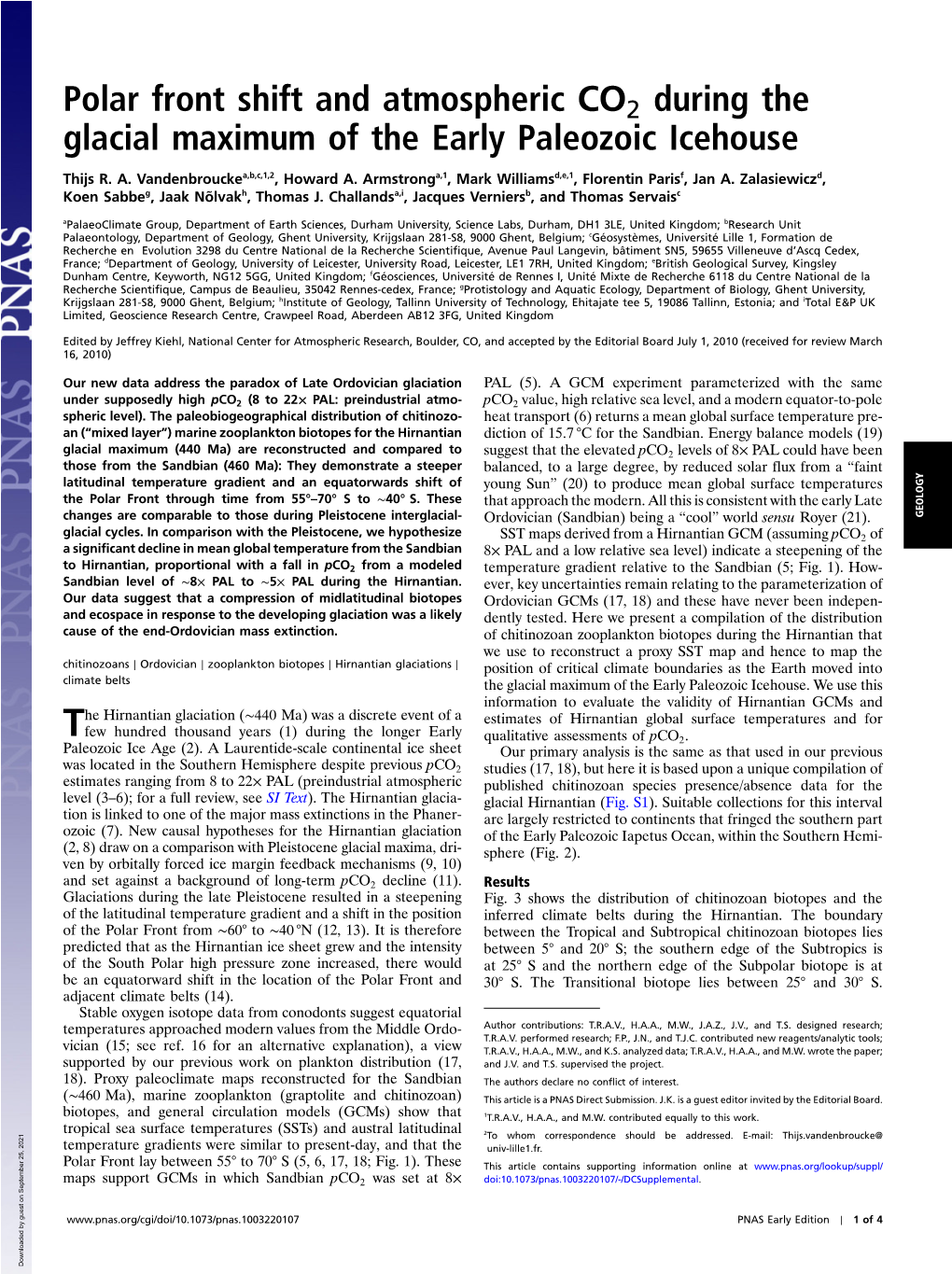 Polar Front Shift and Atmospheric CO During the Glacial Maximum of the Early Paleozoic Icehouse