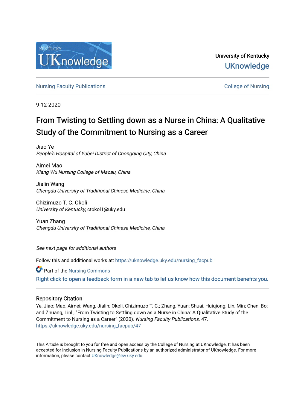 From Twisting to Settling Down As a Nurse in China: a Qualitative Study of the Commitment to Nursing As a Career