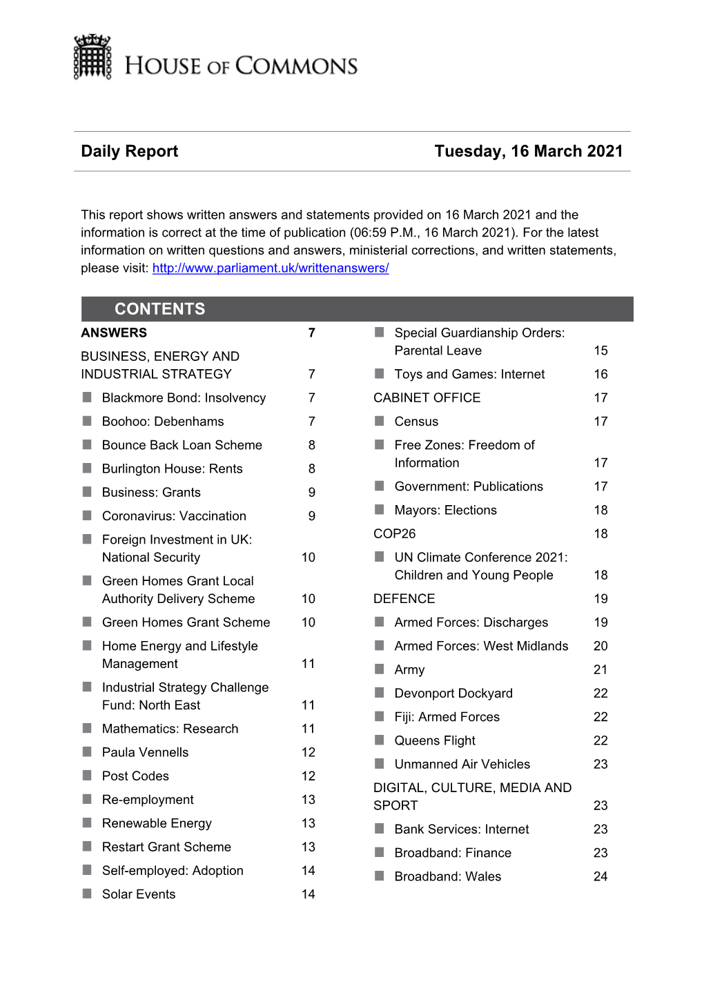 Daily Report Tuesday, 16 March 2021 CONTENTS