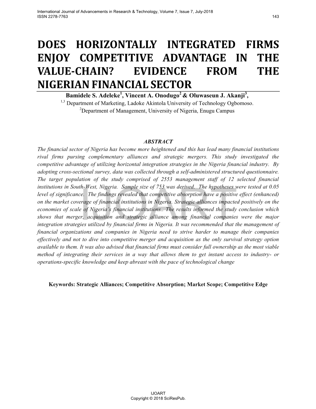 Does Horizontally Integrated Firms Enjoy Competitive Advantage in the Value-Chain? Evidence from the Nigerianfinancialsector