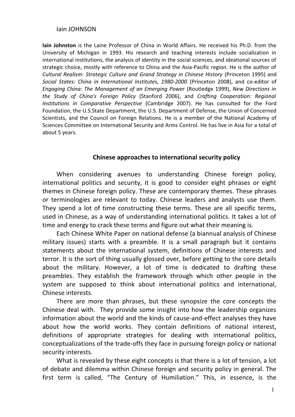 Chinese Approaches to International Politics, Security