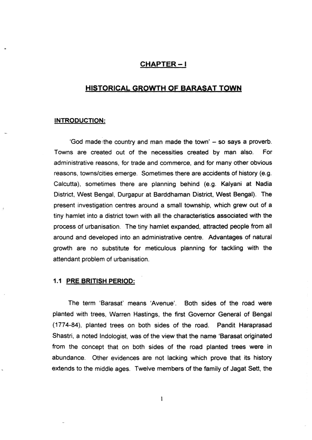 Chapter-I Historical Growth of Barasat Town