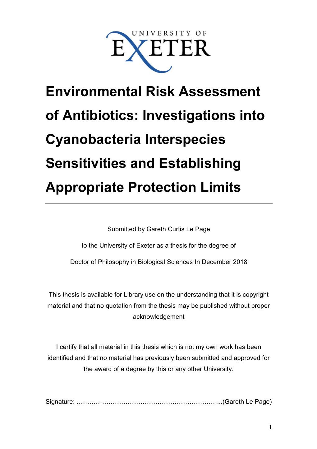 Environmental Risk Assessment of Antibiotics: Investigations Into Cyanobacteria Interspecies Sensitivities and Establishing Appropriate Protection Limits