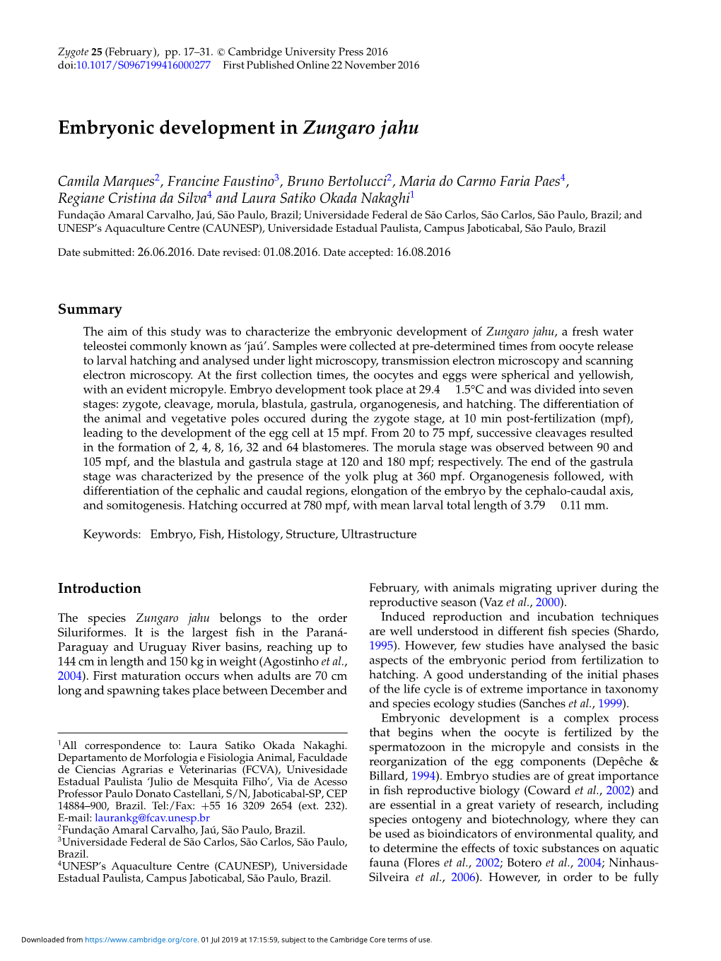 Embryonic Development in Zungaro Jahu