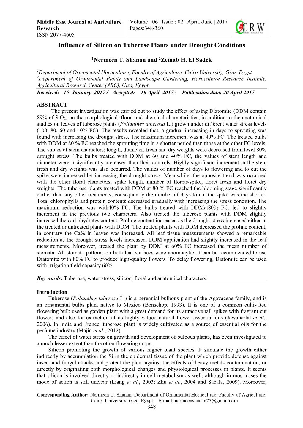 Influence of Silicon on Tuberose Plants Under Drought Conditions