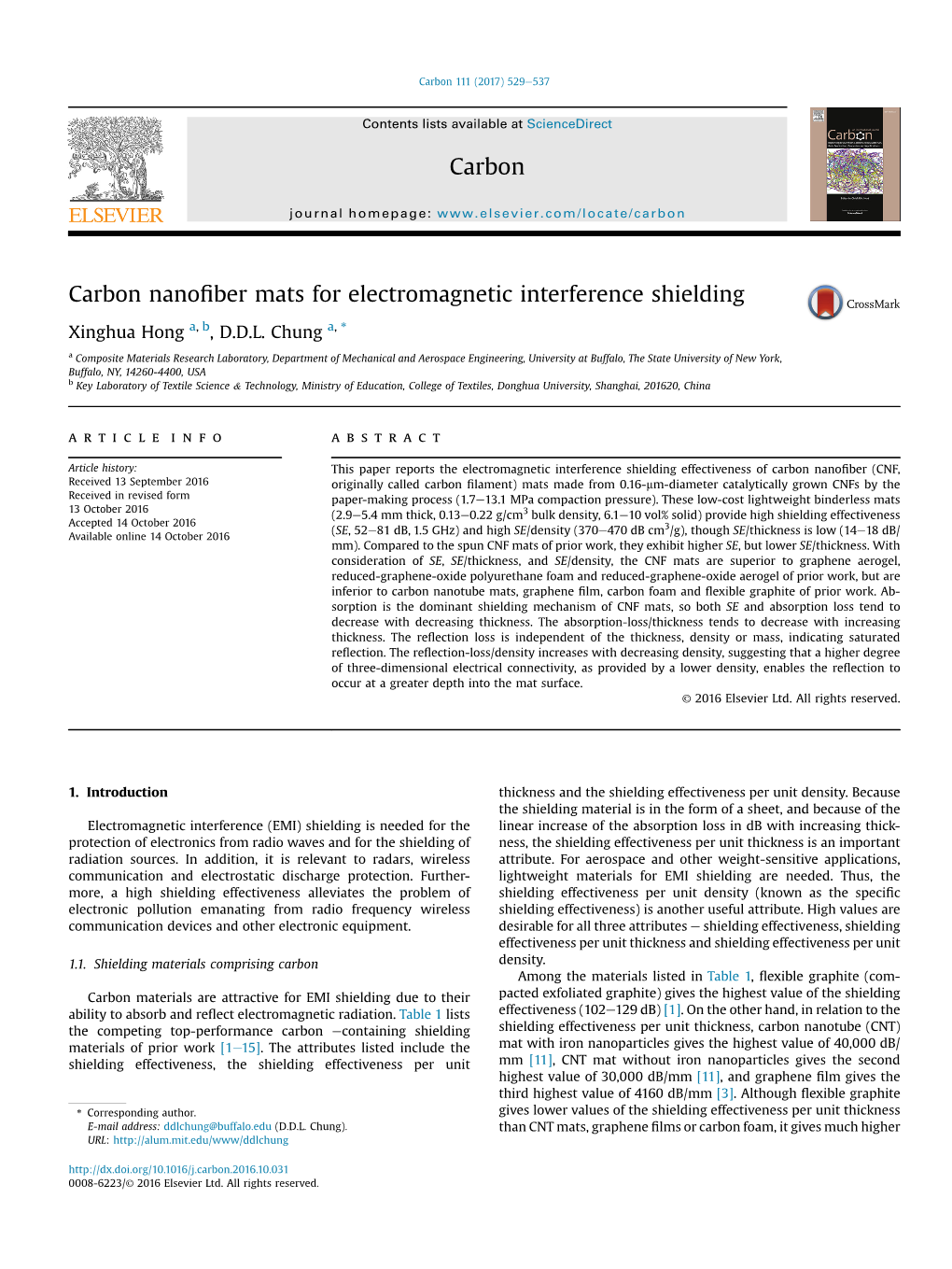 Carbon Nanofiber Mats for Electromagnetic Interference Shielding