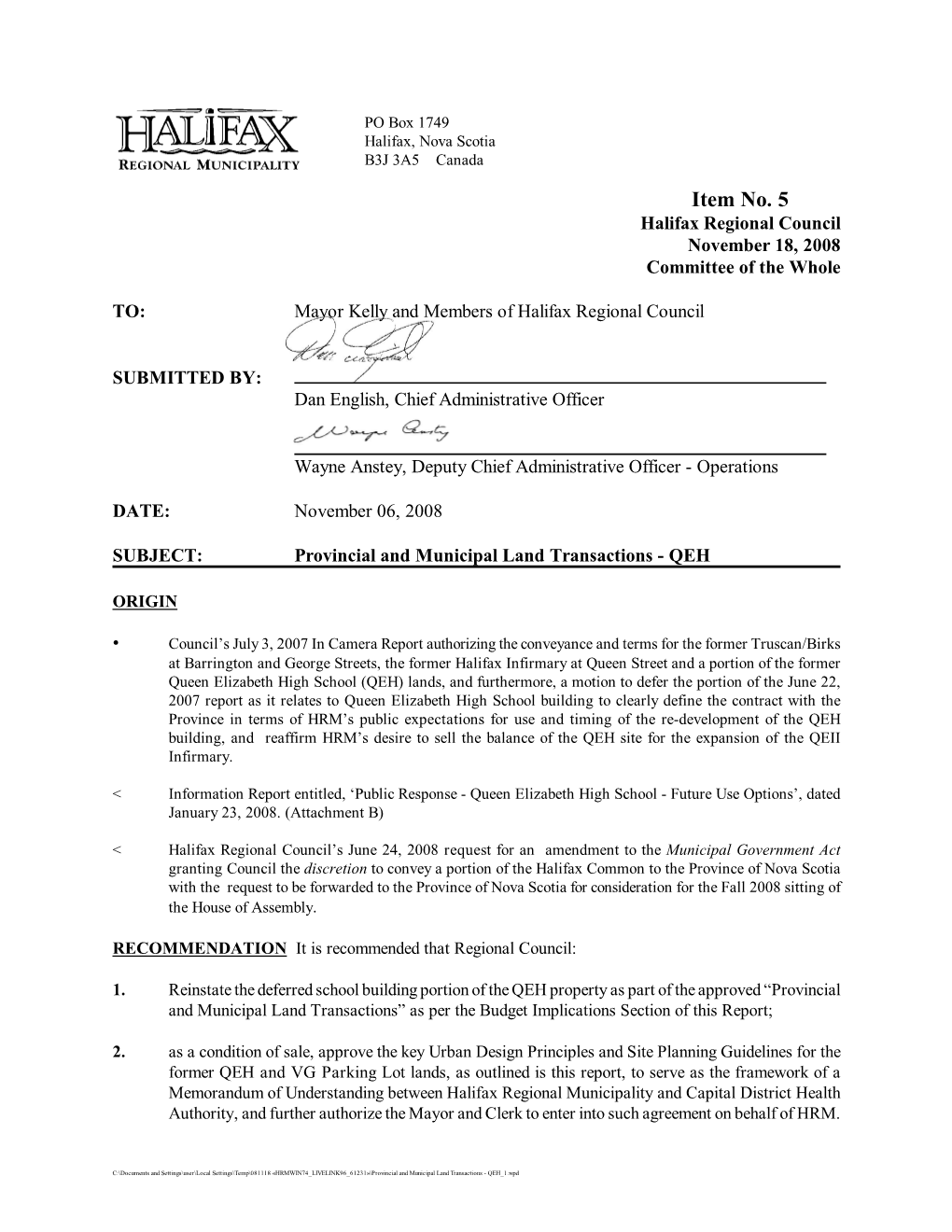 Provincial and Municipal Land Transactions ­ QEH