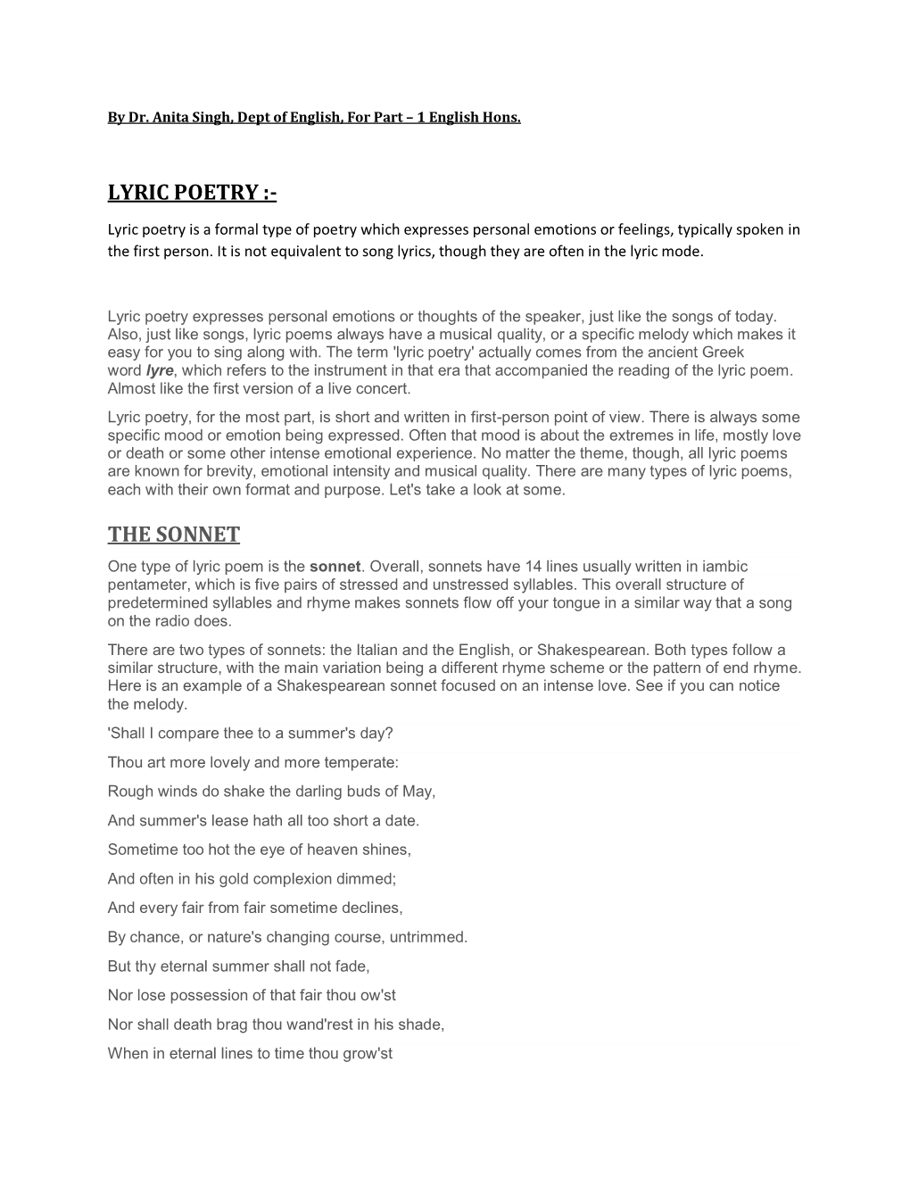 Lyric Poetry :- the Sonnet