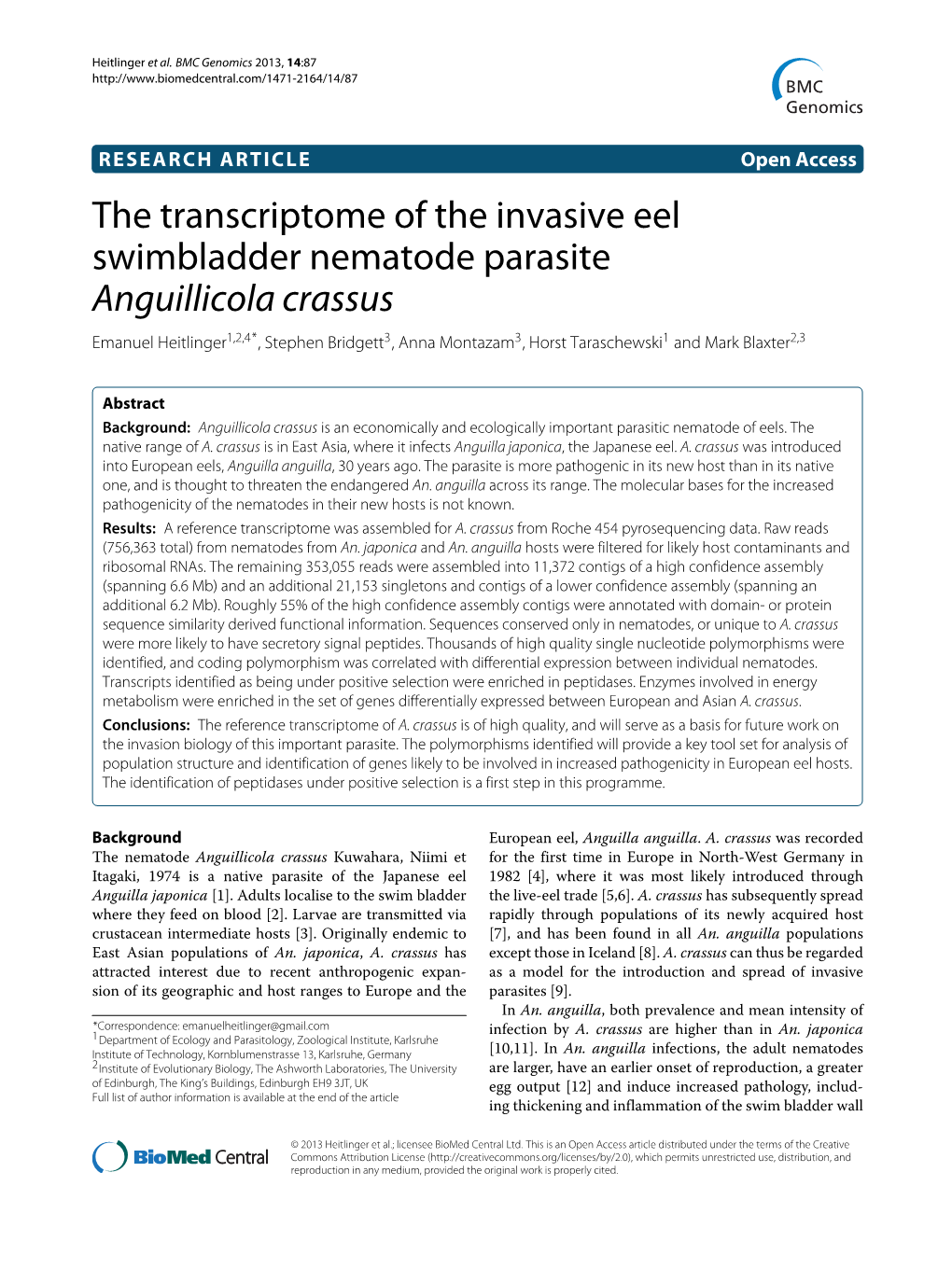 The Transcriptome of the Invasive Eel Swimbladder Nematode Parasite