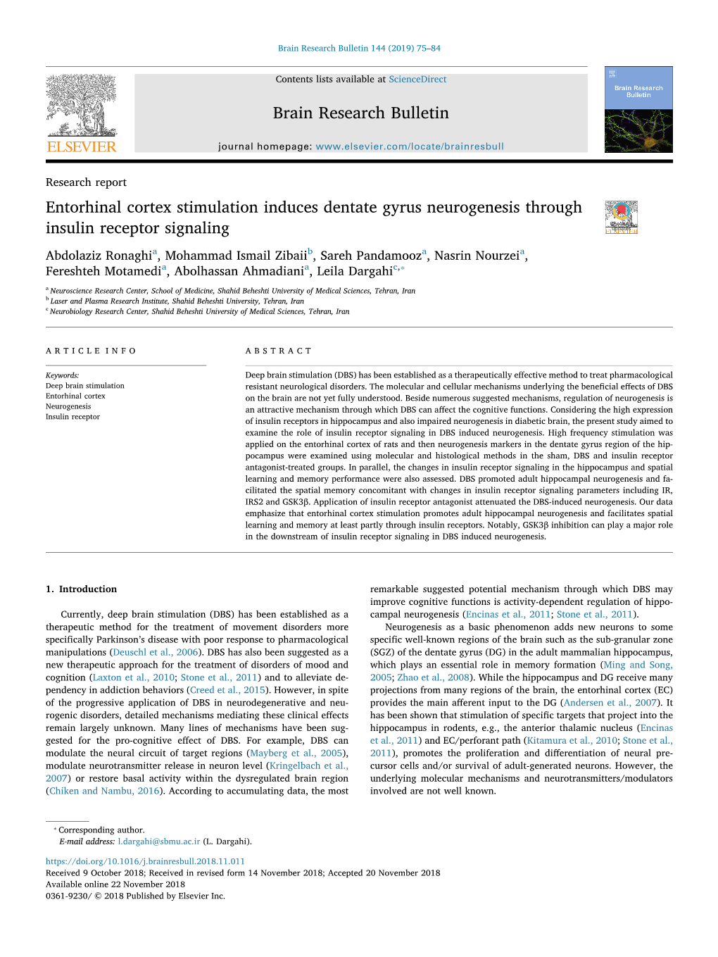 Entorhinal Cortex Stimulation Induces Dentate Gyrus Neurogenesis Through Insulin Receptor Signaling T