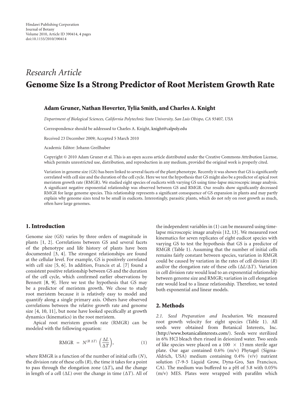Genome Size Is a Strong Predictor of Root Meristem Growth Rate
