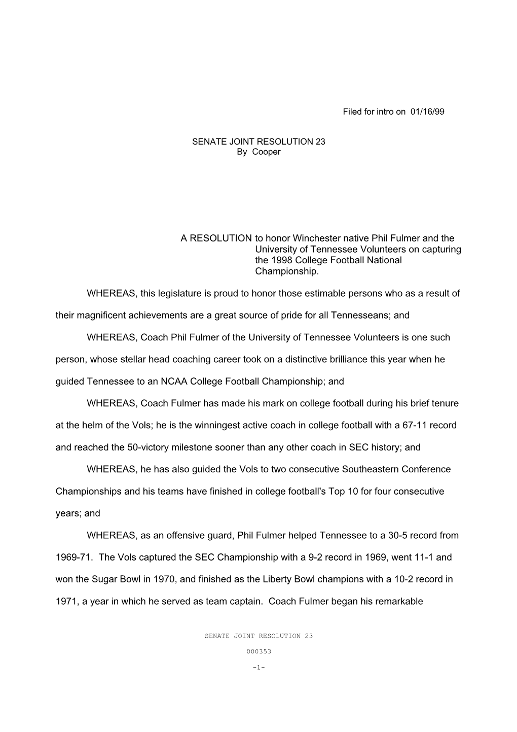 A RESOLUTION to Honor Winchester Native Phil Fulmer and the University of Tennessee Volunteers on Capturing the 1998 College Football National Championship