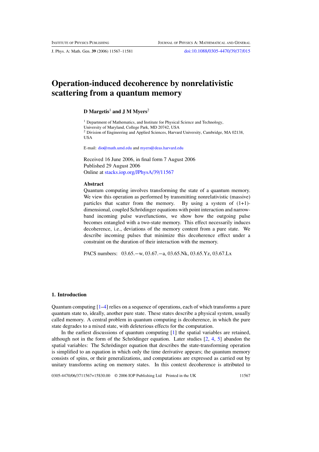 Operation-Induced Decoherence by Nonrelativistic Scattering from a Quantum Memory