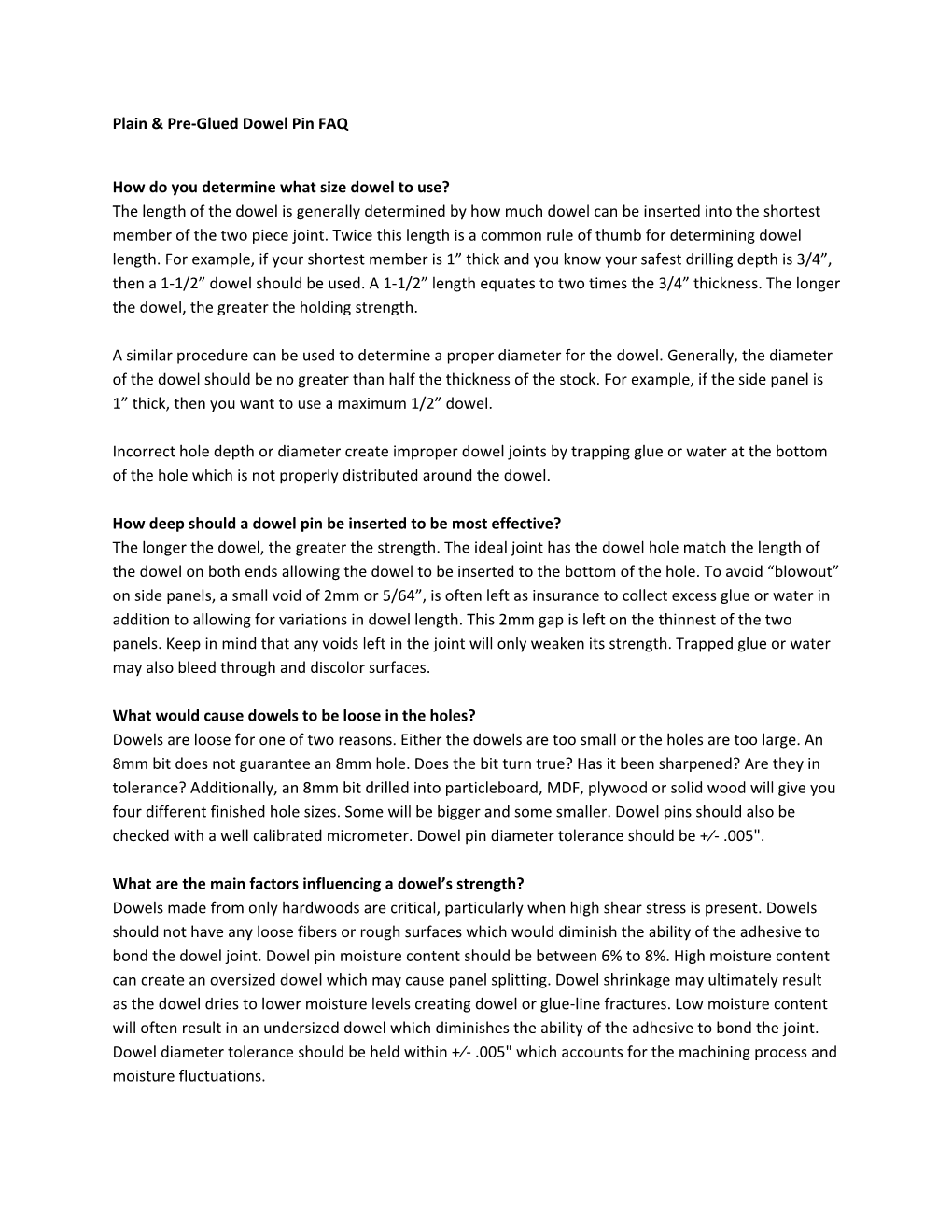 Plain & Pre-Glued Dowel Pin FAQ How Do You Determine What Size