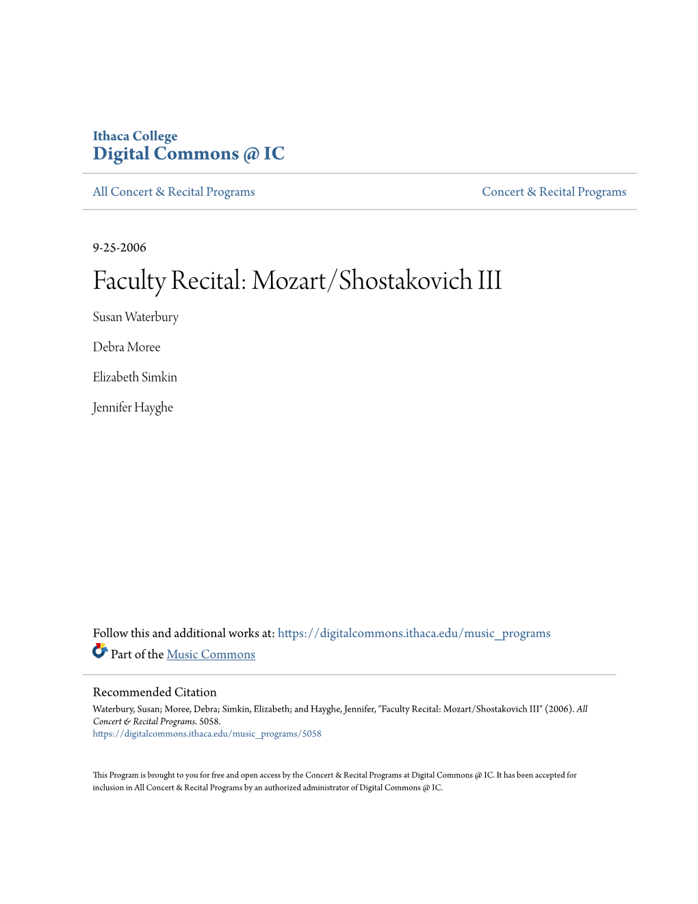 Faculty Recital: Mozart/Shostakovich III Susan Waterbury