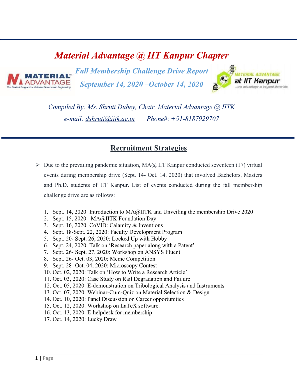 Material Advantage @ IIT Kanpur Chapter Fallmaterial Membership Challenge Drive Report September 14, 2020 –October 14, 2020