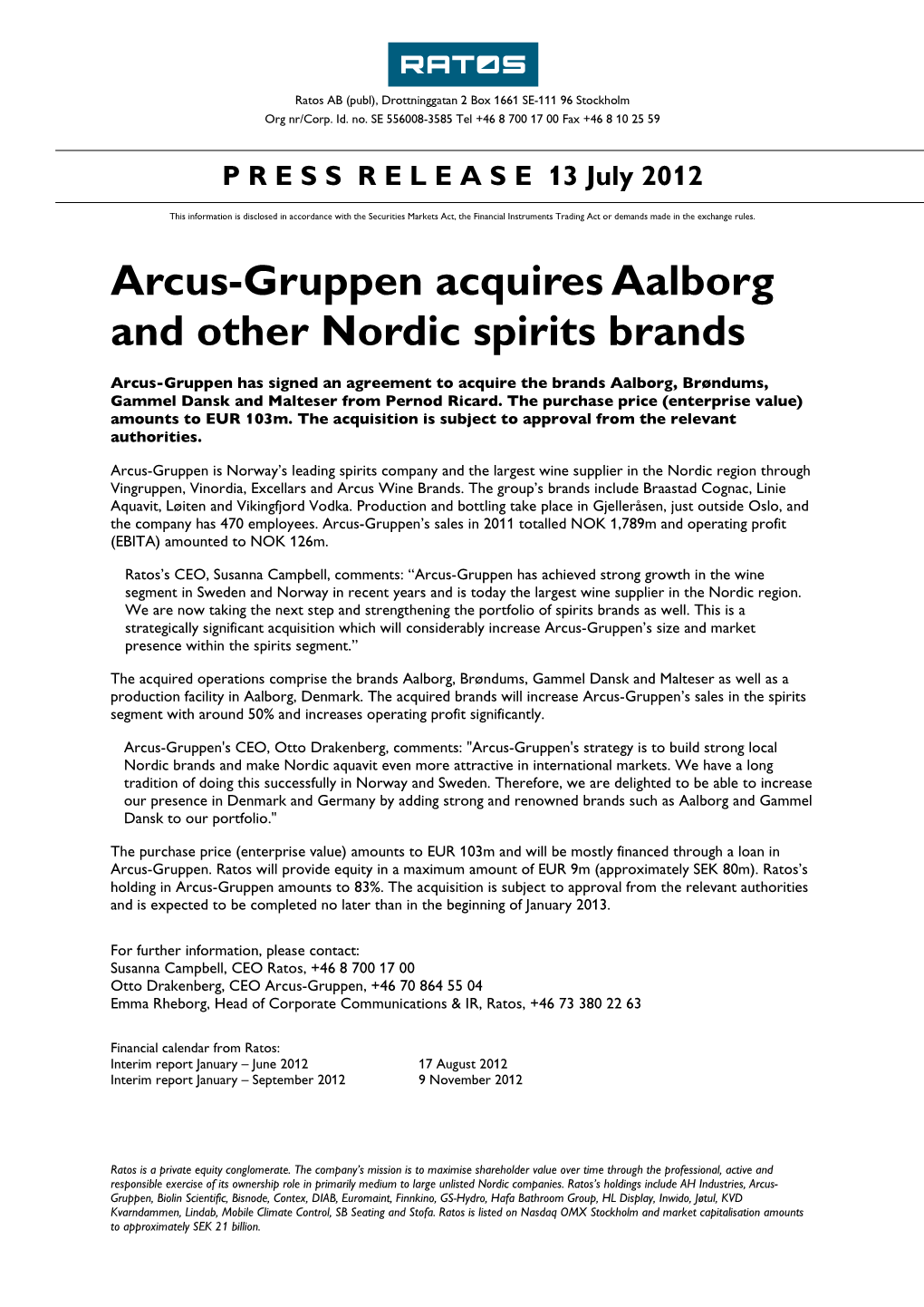 Arcus-Gruppen Acquires Aalborg and Other Nordic Spirits Brands