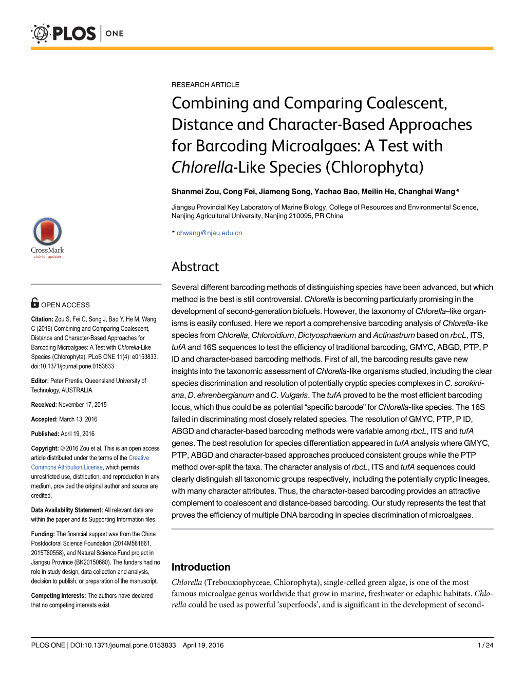 Combining and Comparing Coalescent, Distance and Character-Based Approaches for Barcoding Microalgaes: a Test with Chlorella-Like Species (Chlorophyta)