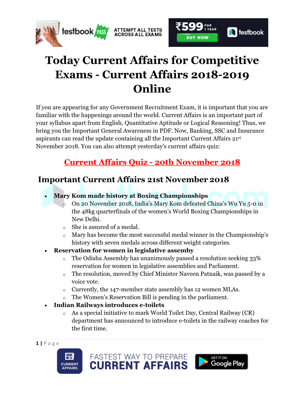 Today Current Affairs for Competitive Exams - Current Affairs 2018-2019 Online