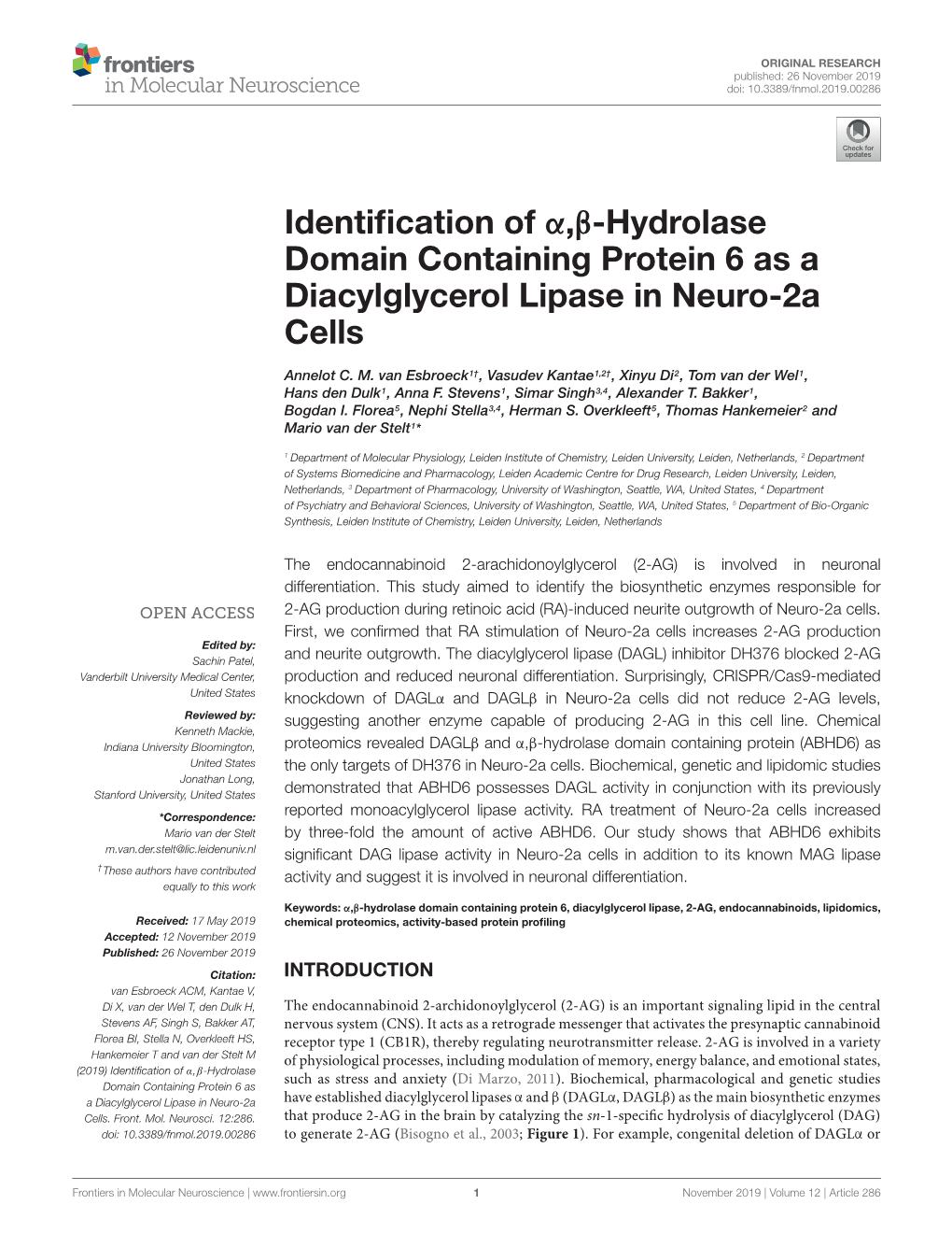 Identification of Α,Β-Hydrolase Domain Containing Protein 6 As a Diacylglycerol Lipase in Neuro-2A Cells