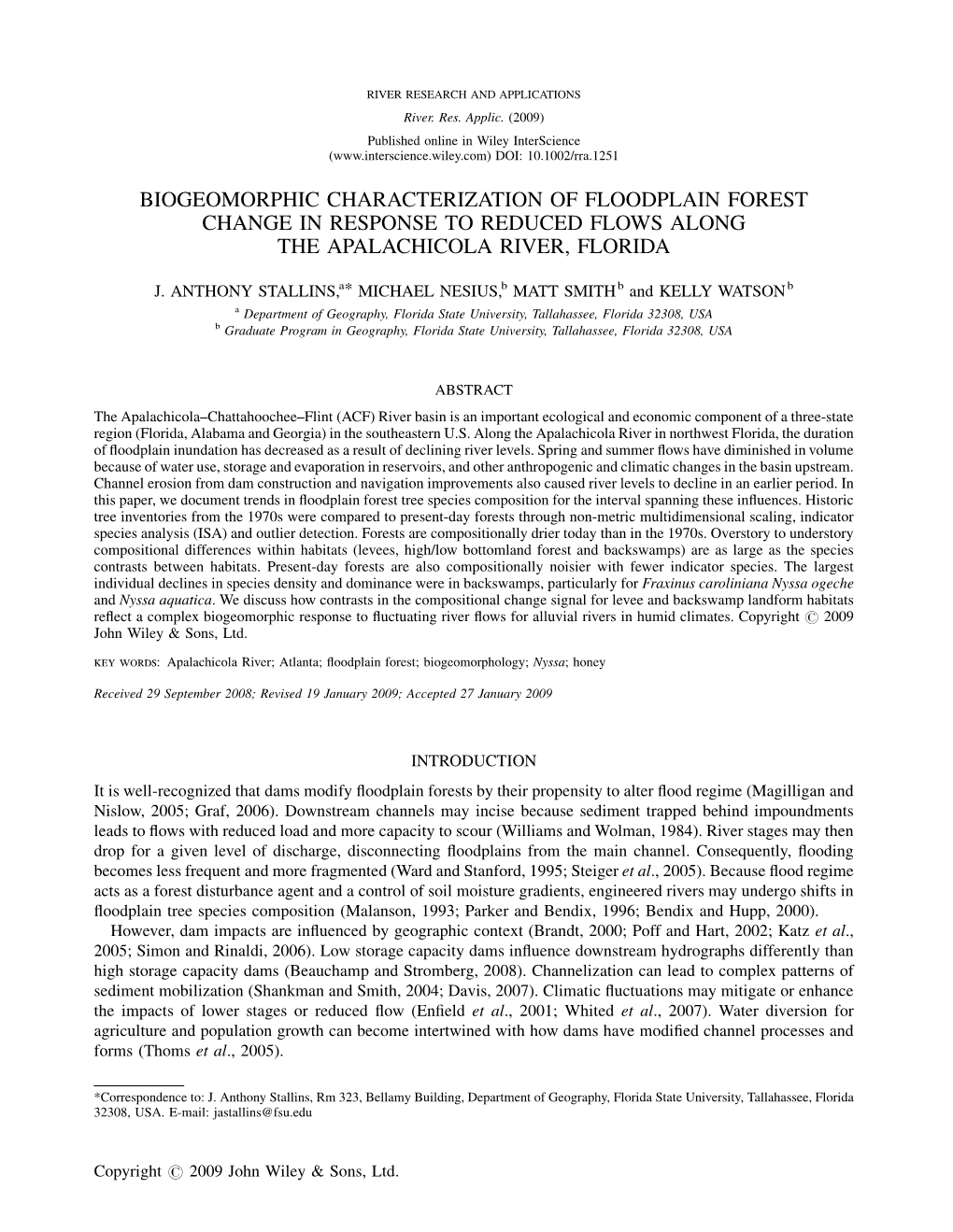 Biogeomorphic Characterization of Floodplain Forest Change in Response to Reduced Flows Along the Apalachicola River, Florida