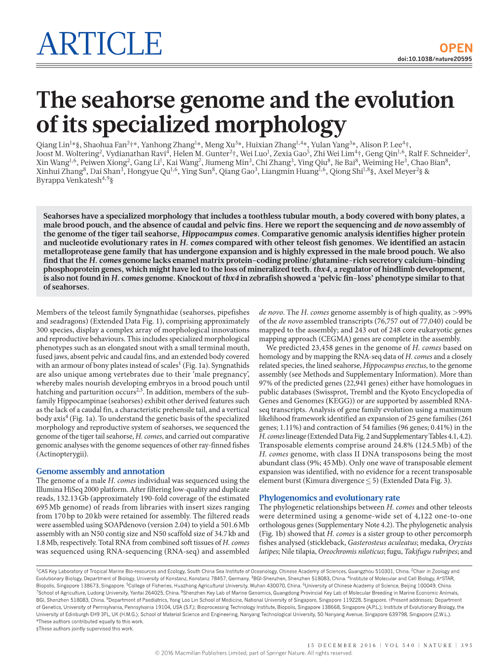 The Seahorse Genome and the Evolution of Its Specialized