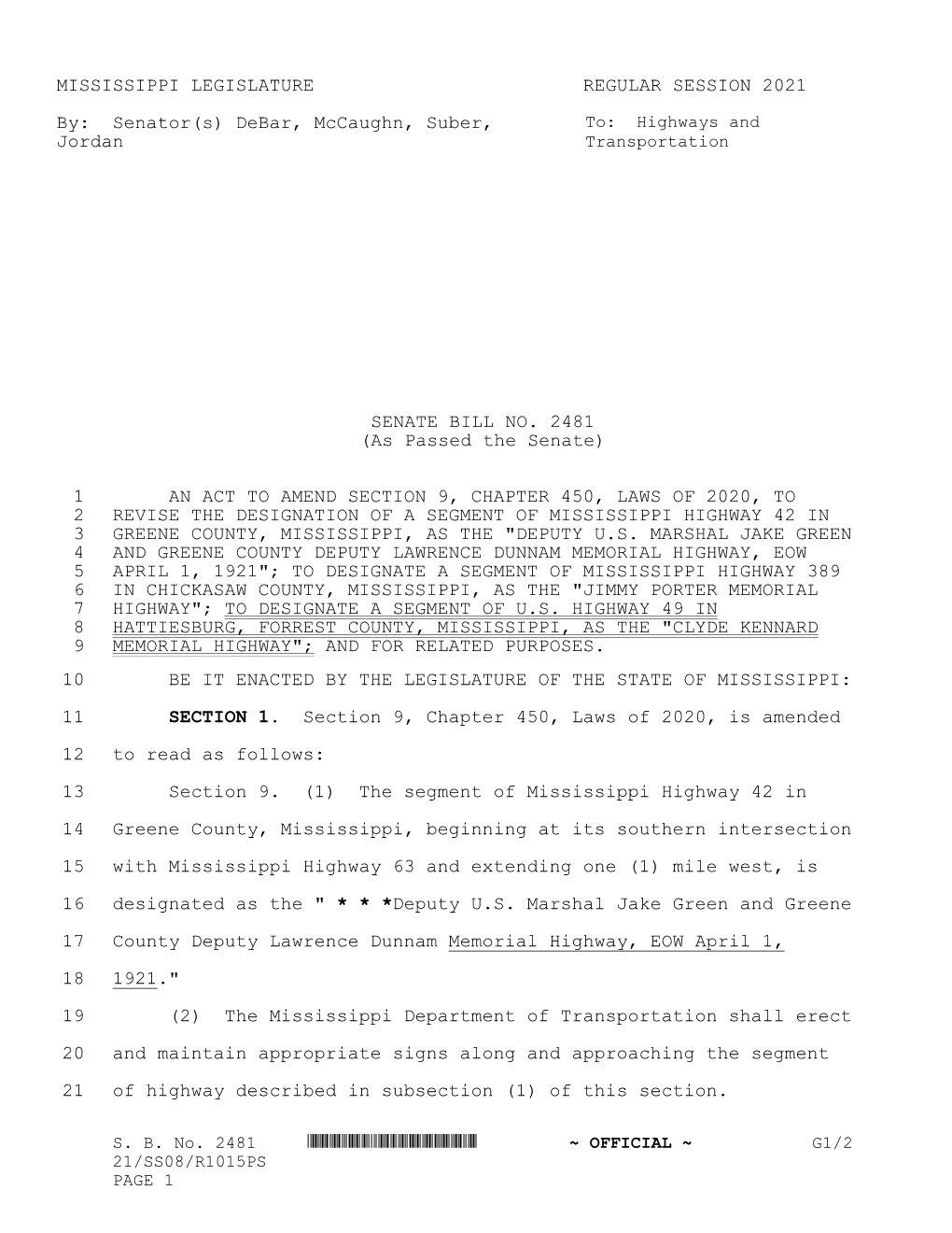 MISSISSIPPI LEGISLATURE REGULAR SESSION 2021 By