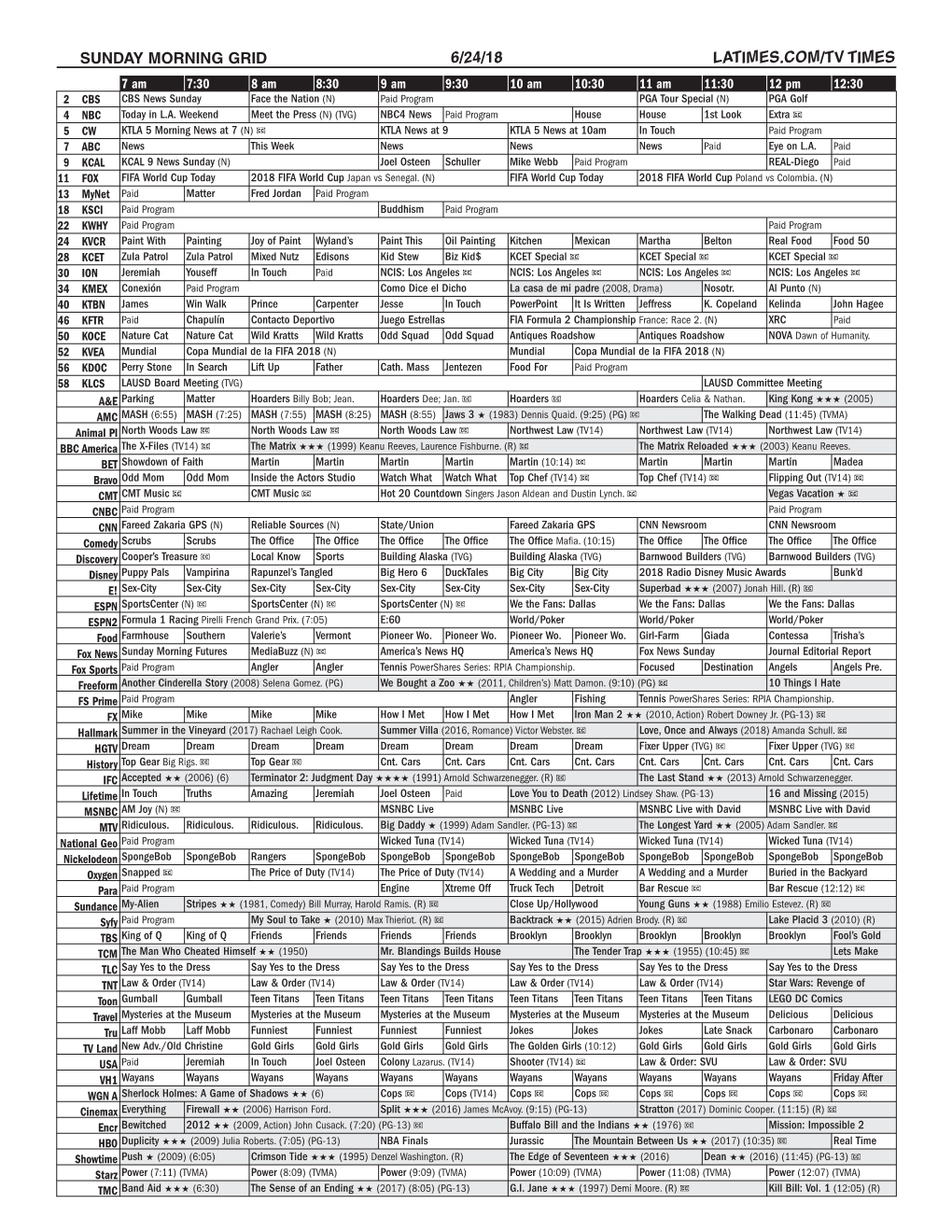 Sunday Morning Grid 6/24/18 Latimes.Com/Tv Times