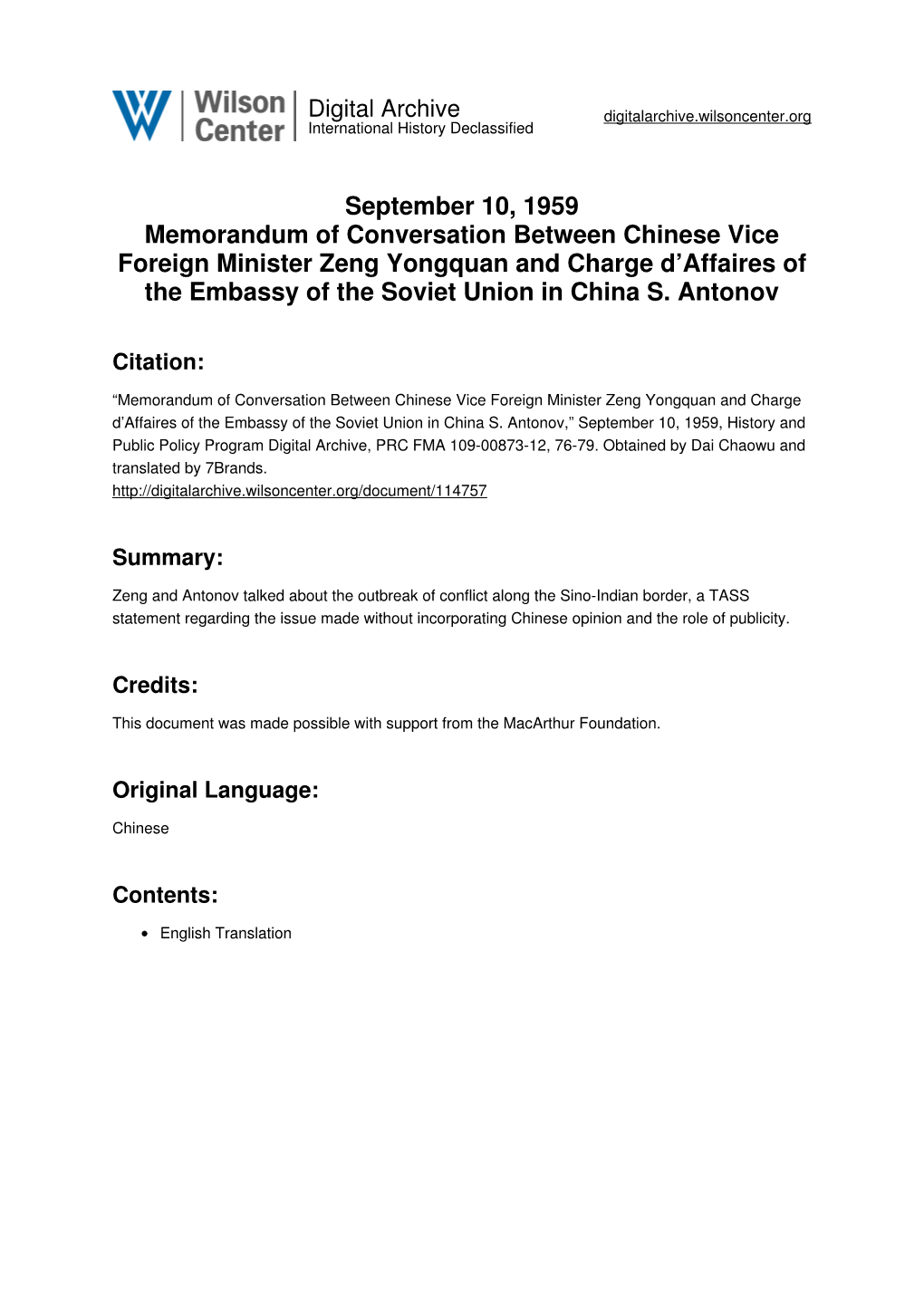 September 10, 1959 Memorandum of Conversation Between Chinese Vice Foreign Minister Zeng Yongquan and Charge D’Affaires of the Embassy of the Soviet Union in China S