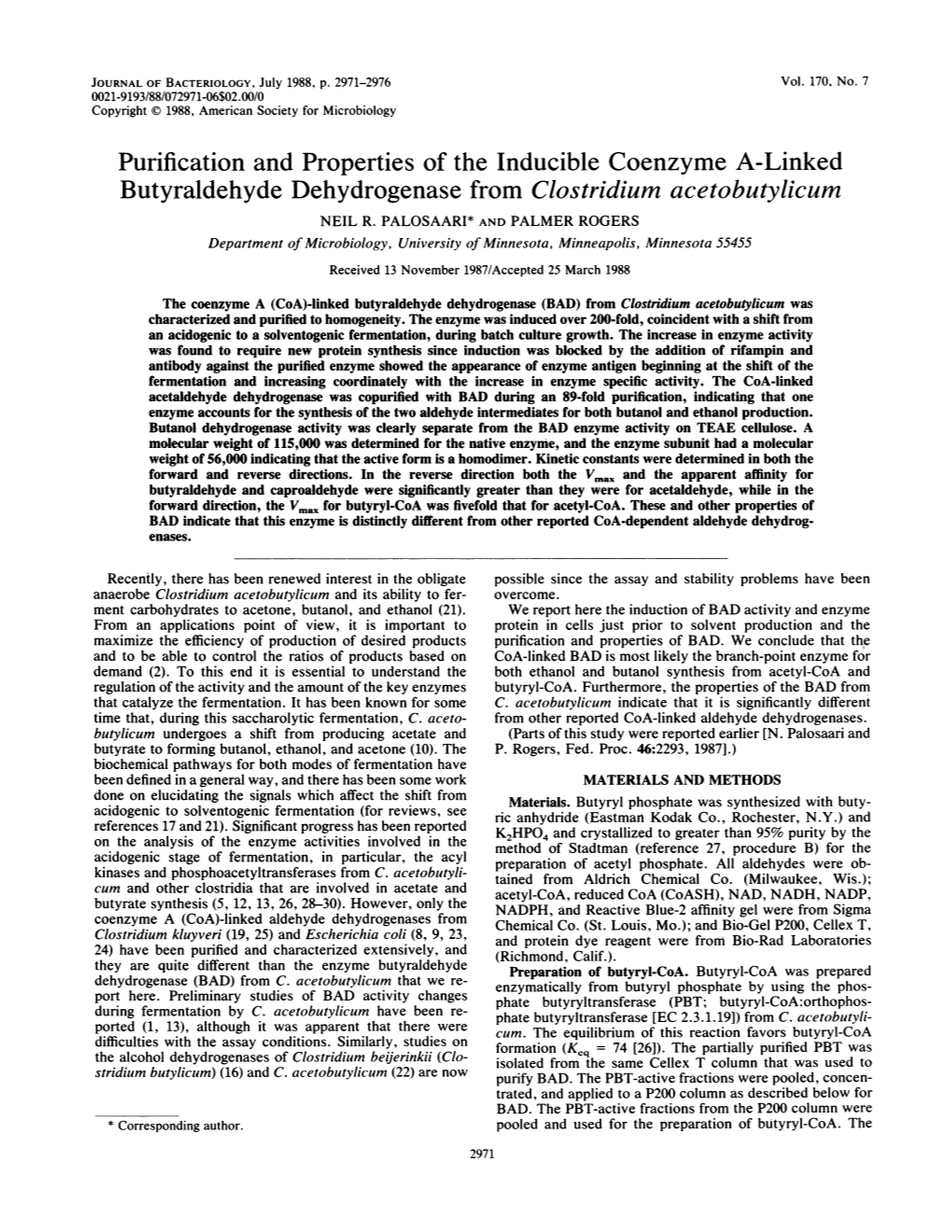 Purification and Properties of the Inducible Coenzyme A-Linked Butyraldehyde Dehydrogenase from Clostridium Acetobutylicum NEIL R