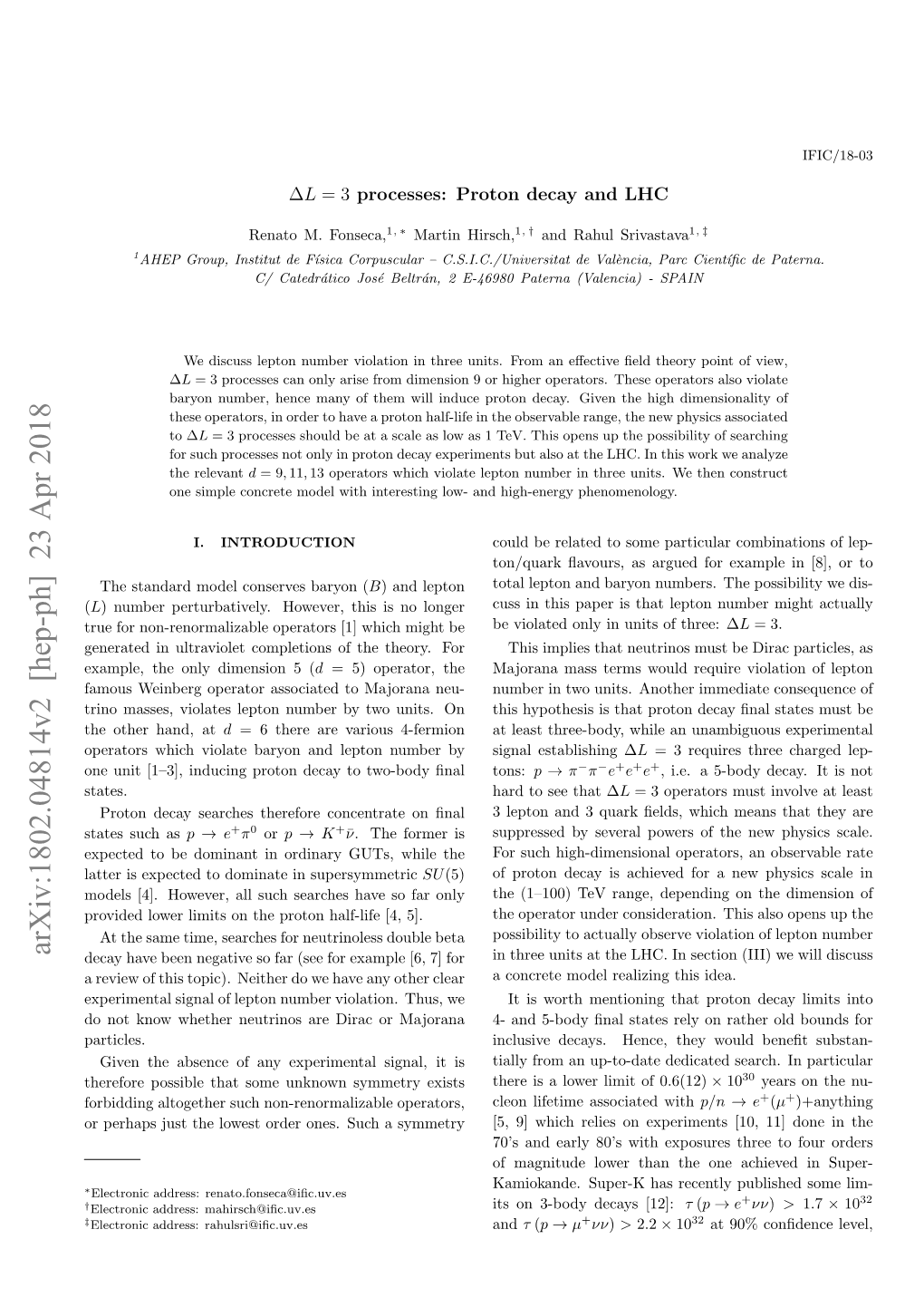 $\Delta L= 3$ Processes: Proton Decay And