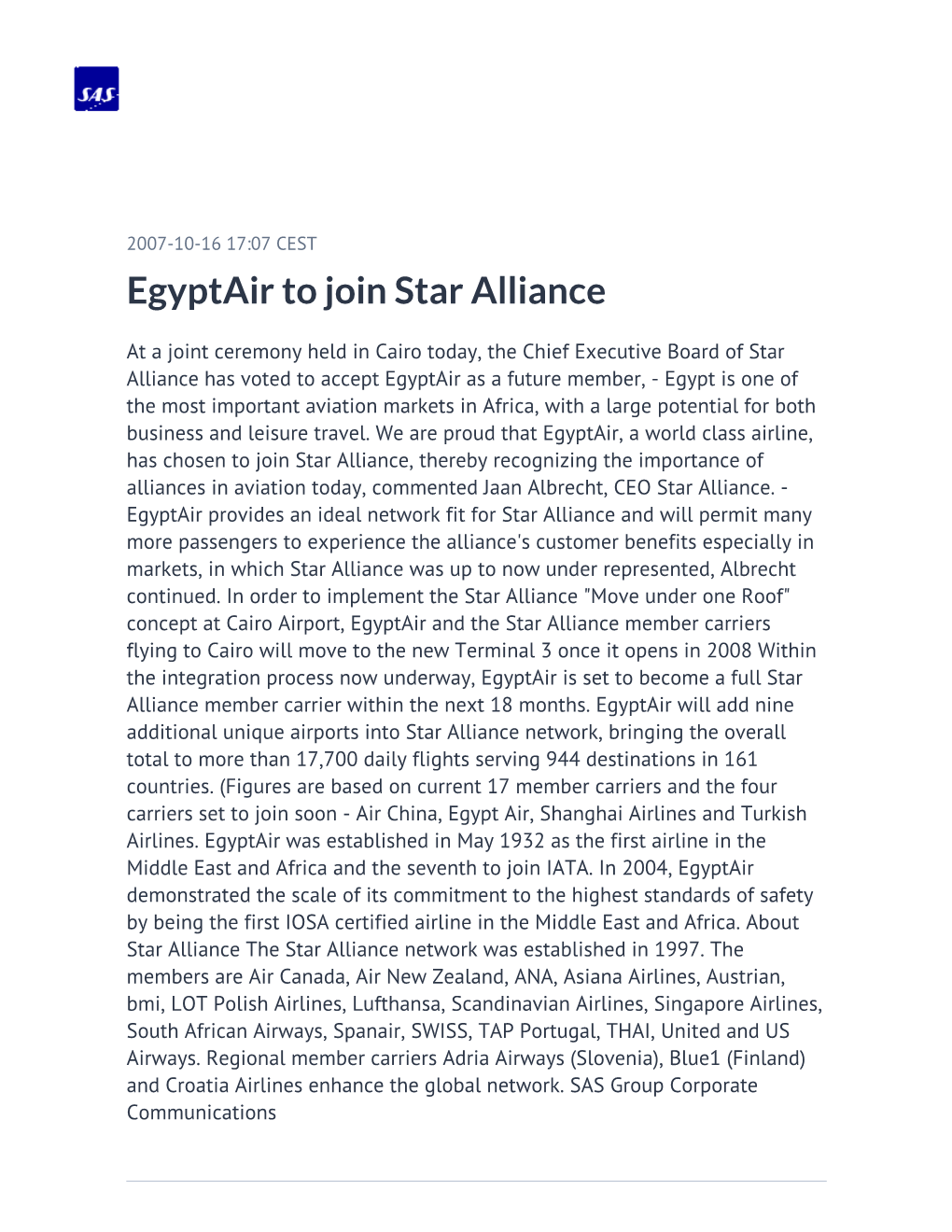 Egyptair to Join Star Alliance