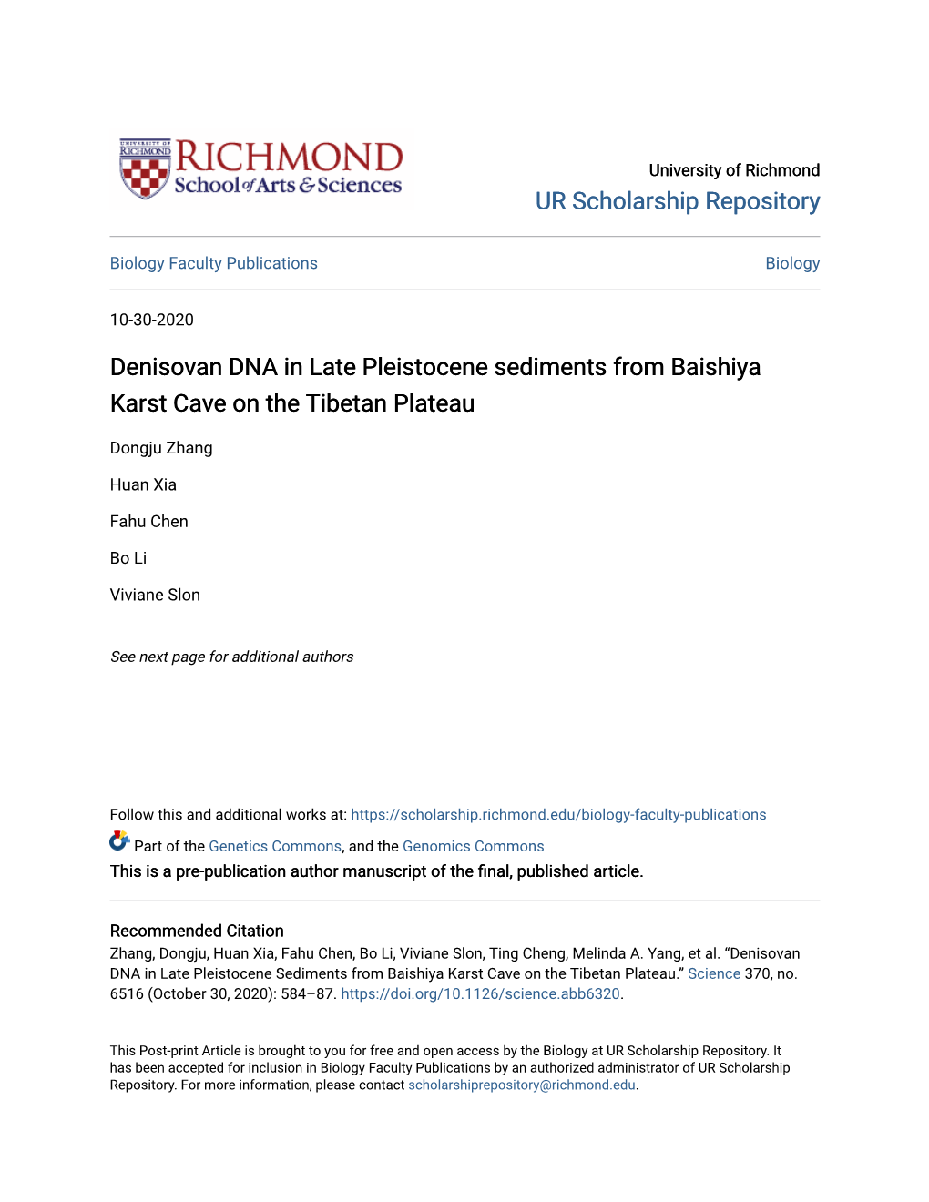 Denisovan DNA in Late Pleistocene Sediments from Baishiya Karst Cave on the Tibetan Plateau