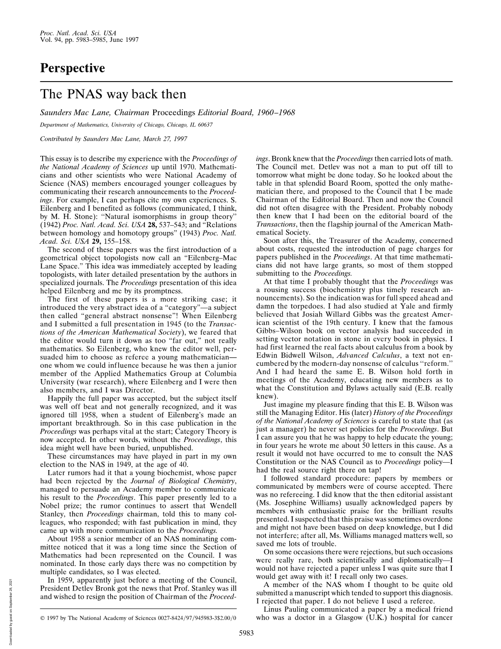 Perspective the PNAS Way Back Then