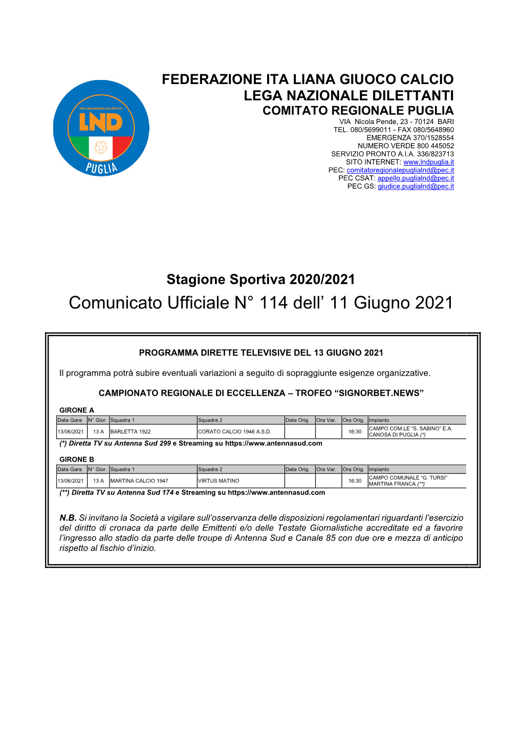 Comunicato Ufficiale N° 114 Dell' 11 Giugno 2021