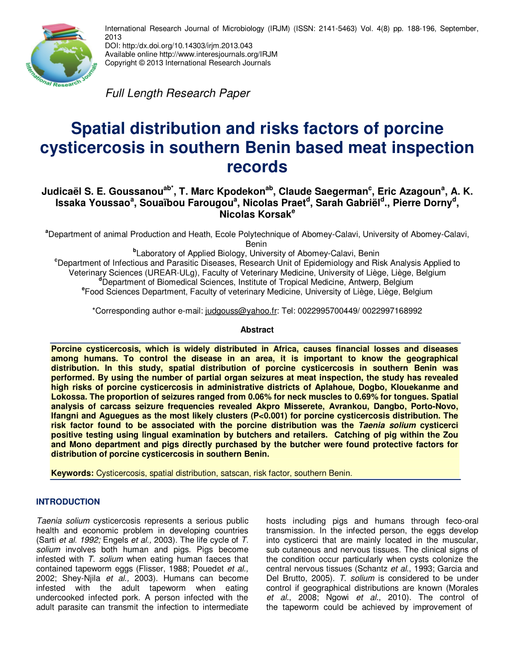 Spatial Distribution and Risks Factors of Porcine Cysticercosis in Southern Benin Based Meat Inspection Records