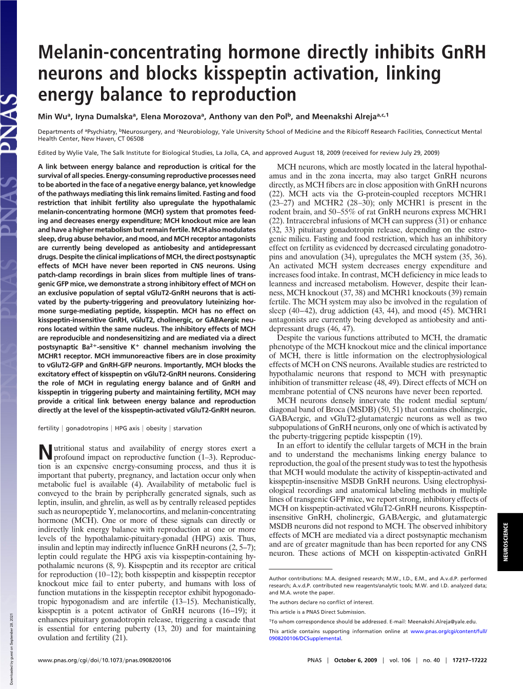 Melanin-Concentrating Hormone Directly Inhibits Gnrh Neurons and Blocks Kisspeptin Activation, Linking Energy Balance to Reproduction