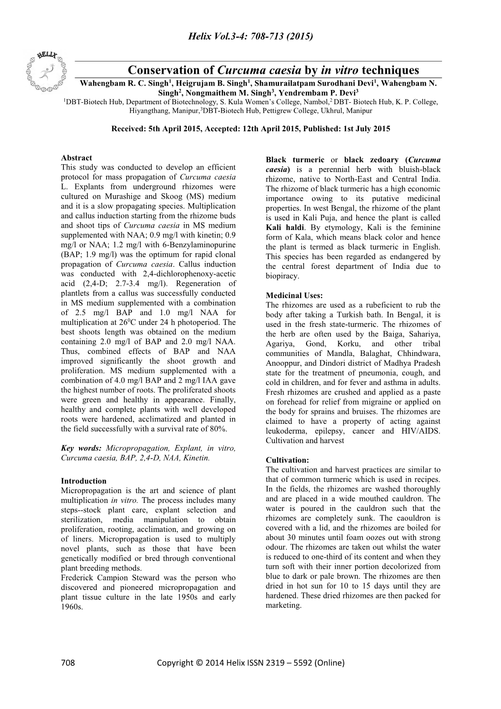 Conservation of Curcuma Caesia by in Vitro Techniques Wahengbam R